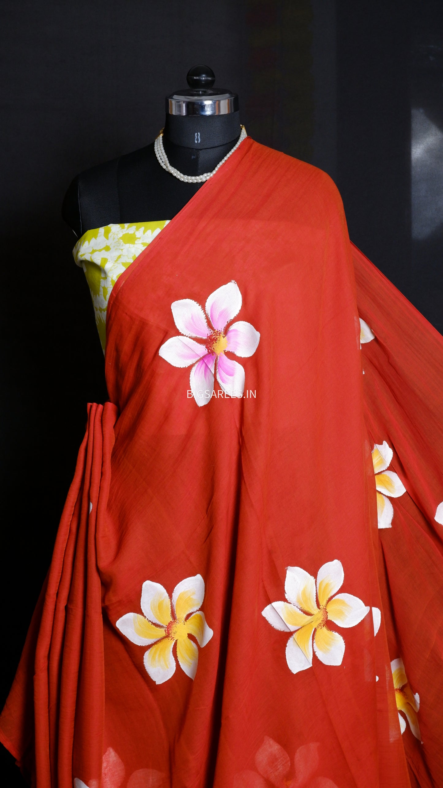 Hand Painted Mul Cotton Saree with Hand Block Printed Blouse | Brick Red