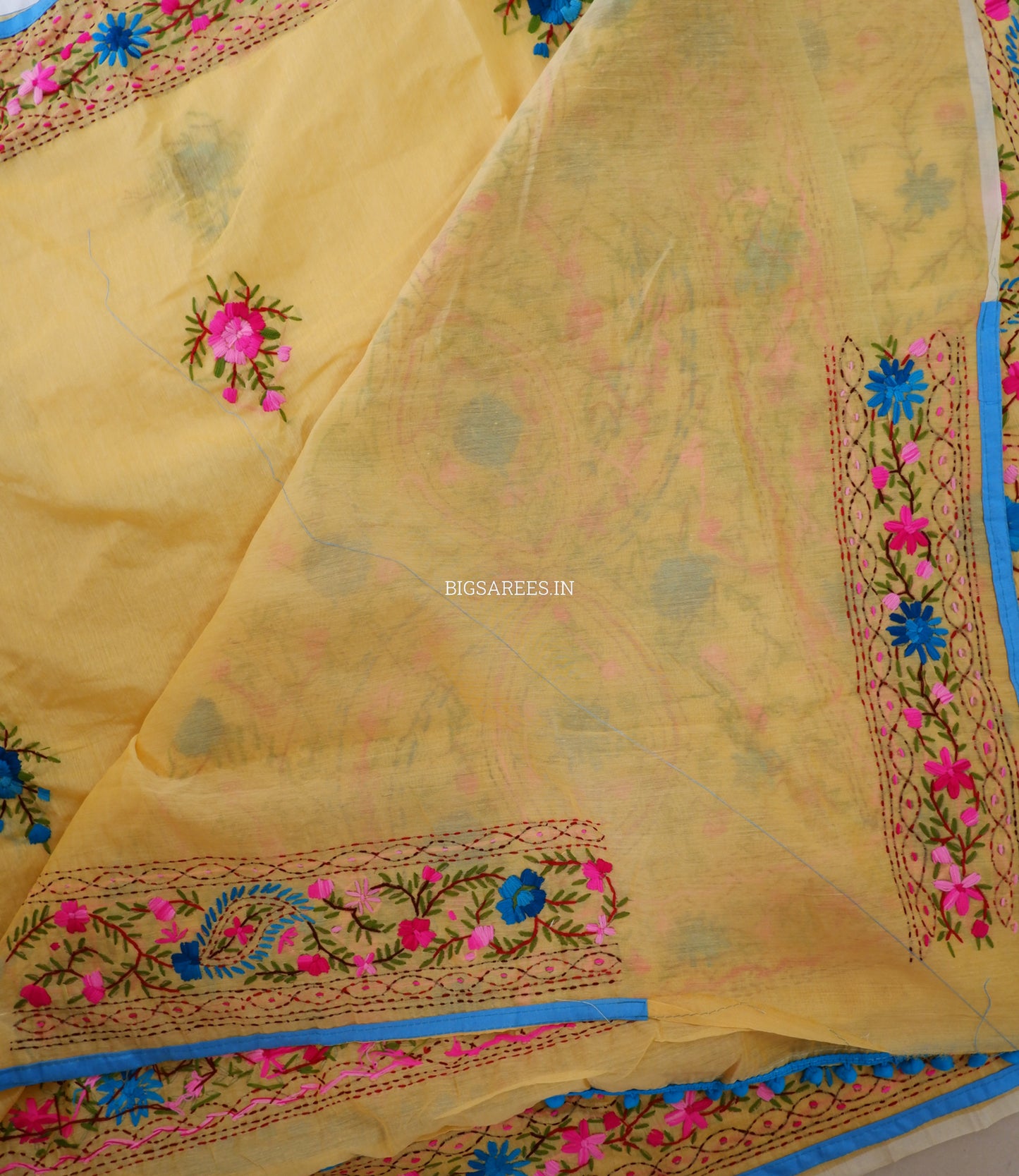 Phulkari Hand-Embroidered Saree | Chanderi Silk | Yellow