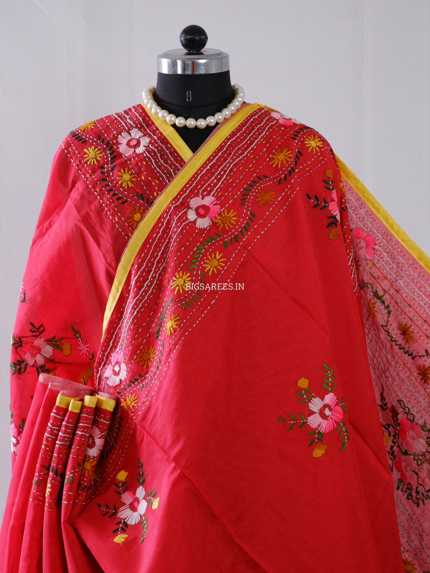 Phulkari Hand-Embroidered Saree | Chanderi Silk | Red