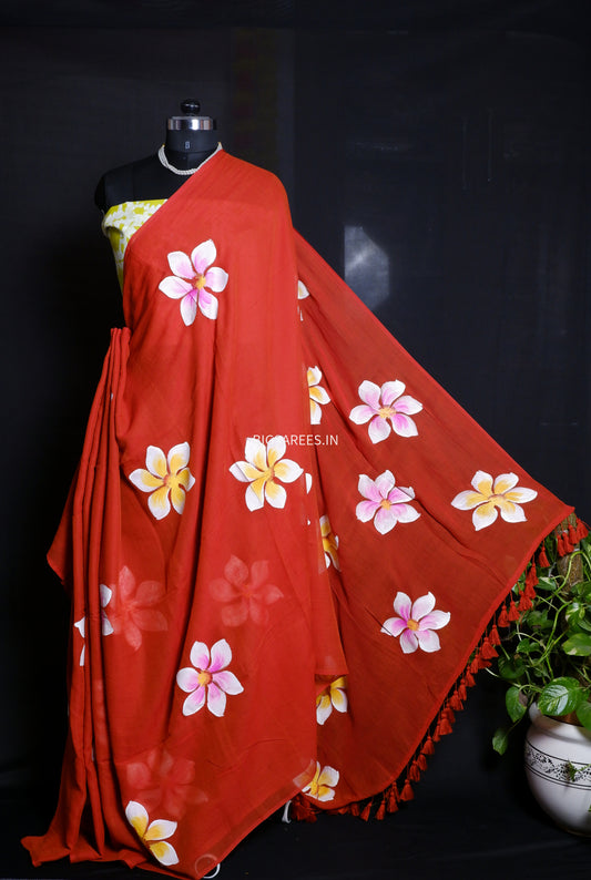 Hand Painted Mul Cotton Saree with Hand Block Printed Blouse | Brick Red