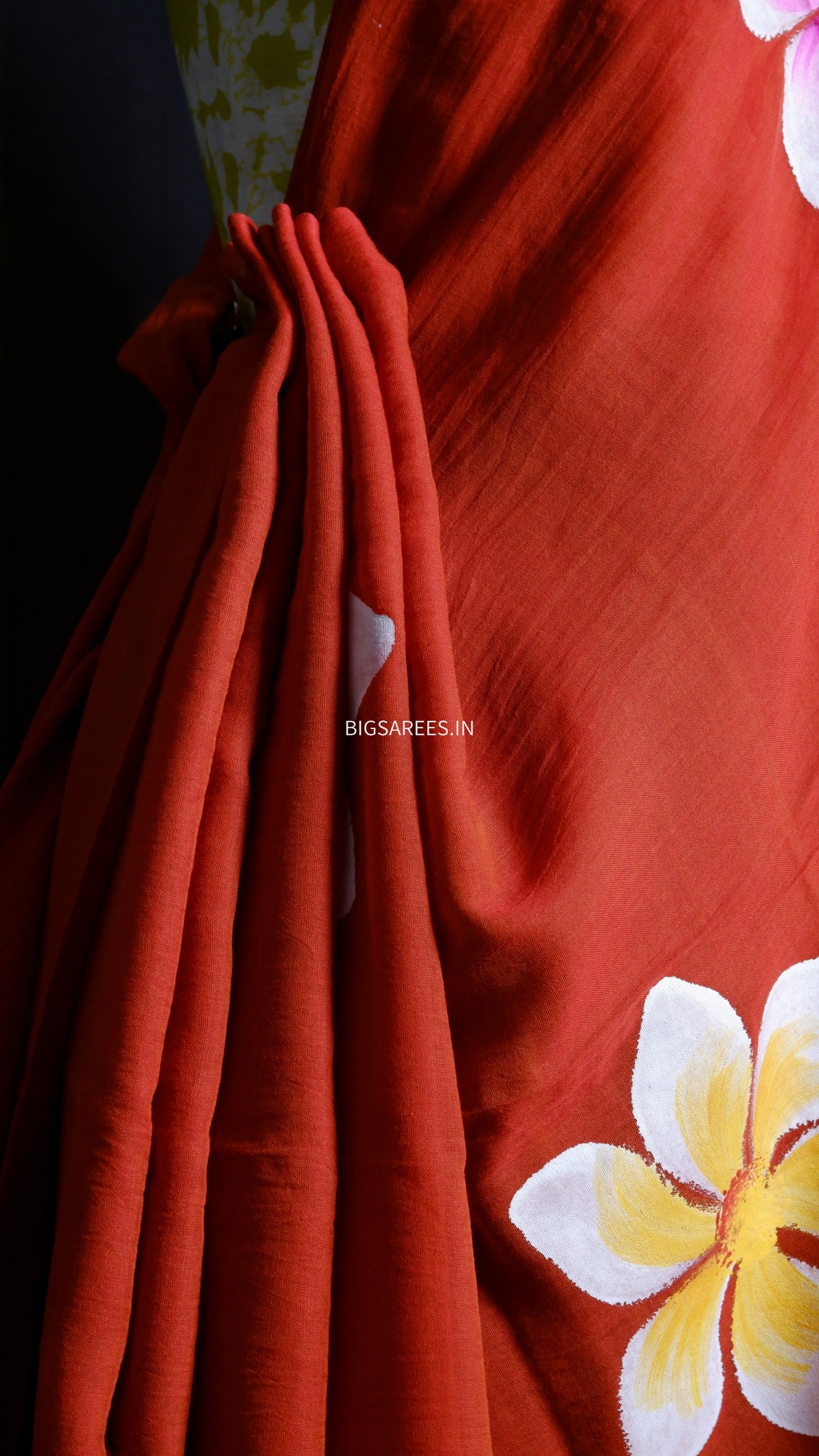 Hand Painted Mul Cotton Saree with Hand Block Printed Blouse | Brick Red