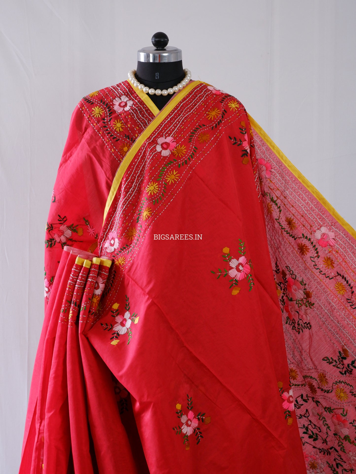 Phulkari Hand-Embroidered Saree | Chanderi Silk | Red