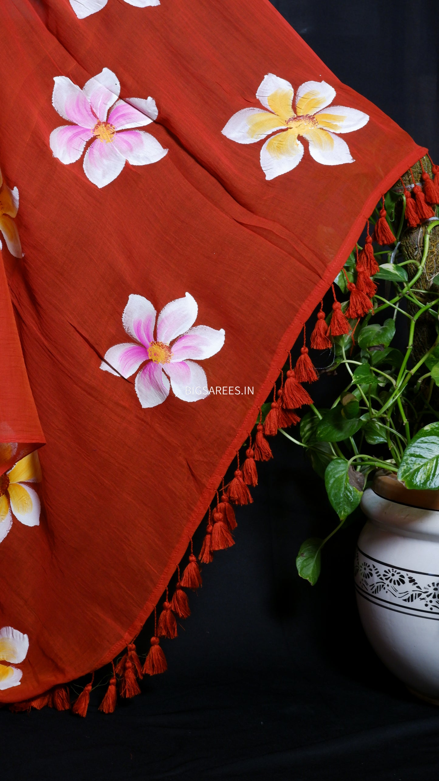 Hand Painted Mul Cotton Saree with Hand Block Printed Blouse | Brick Red