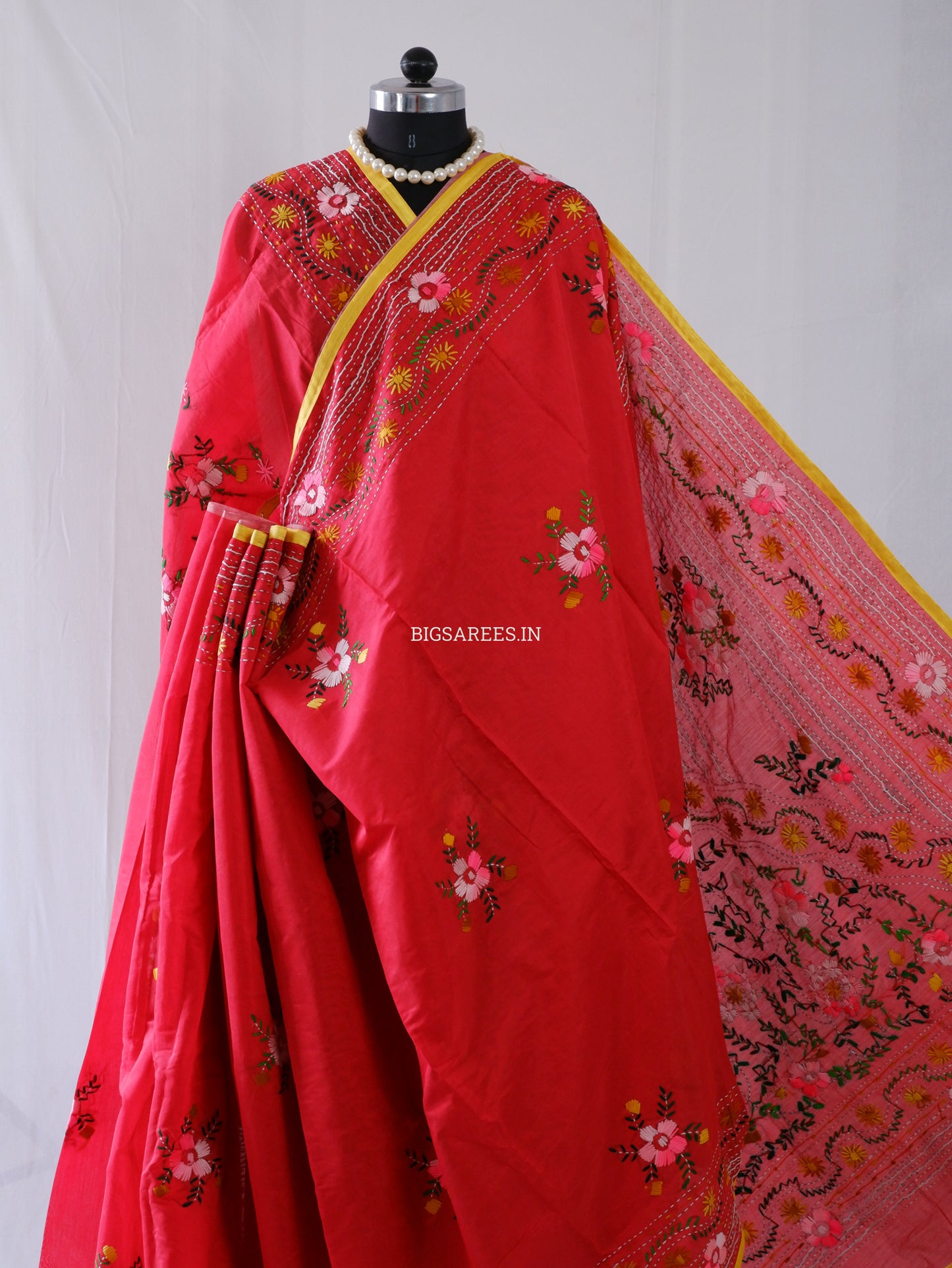 Phulkari Hand-Embroidered Saree | Chanderi Silk | Red