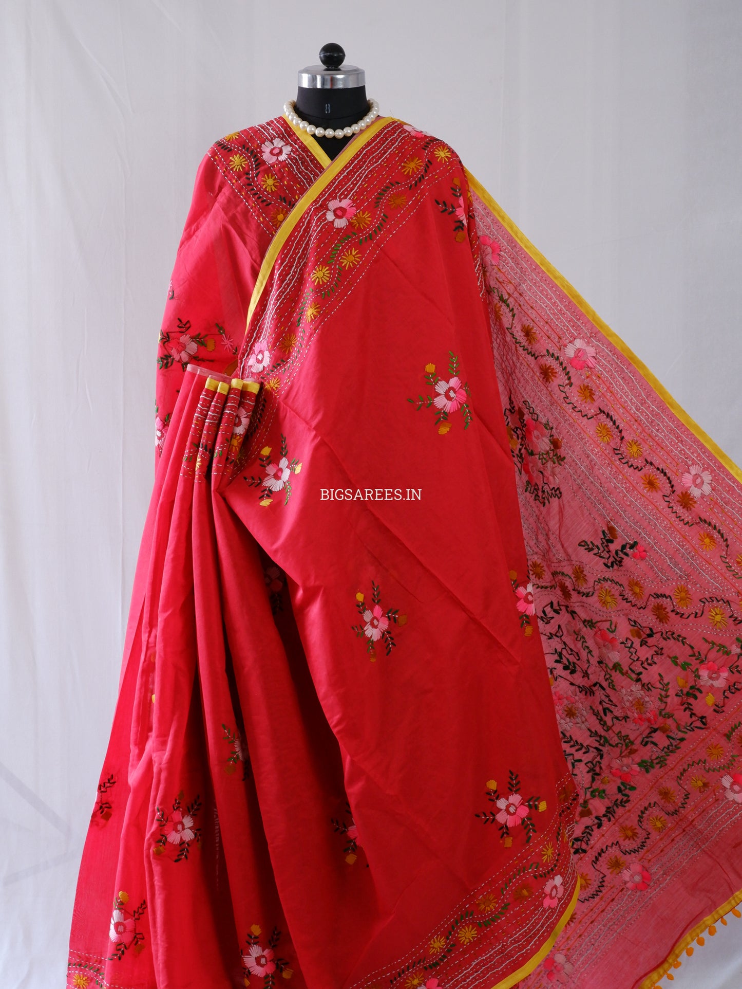 Phulkari Hand-Embroidered Saree | Chanderi Silk | Red