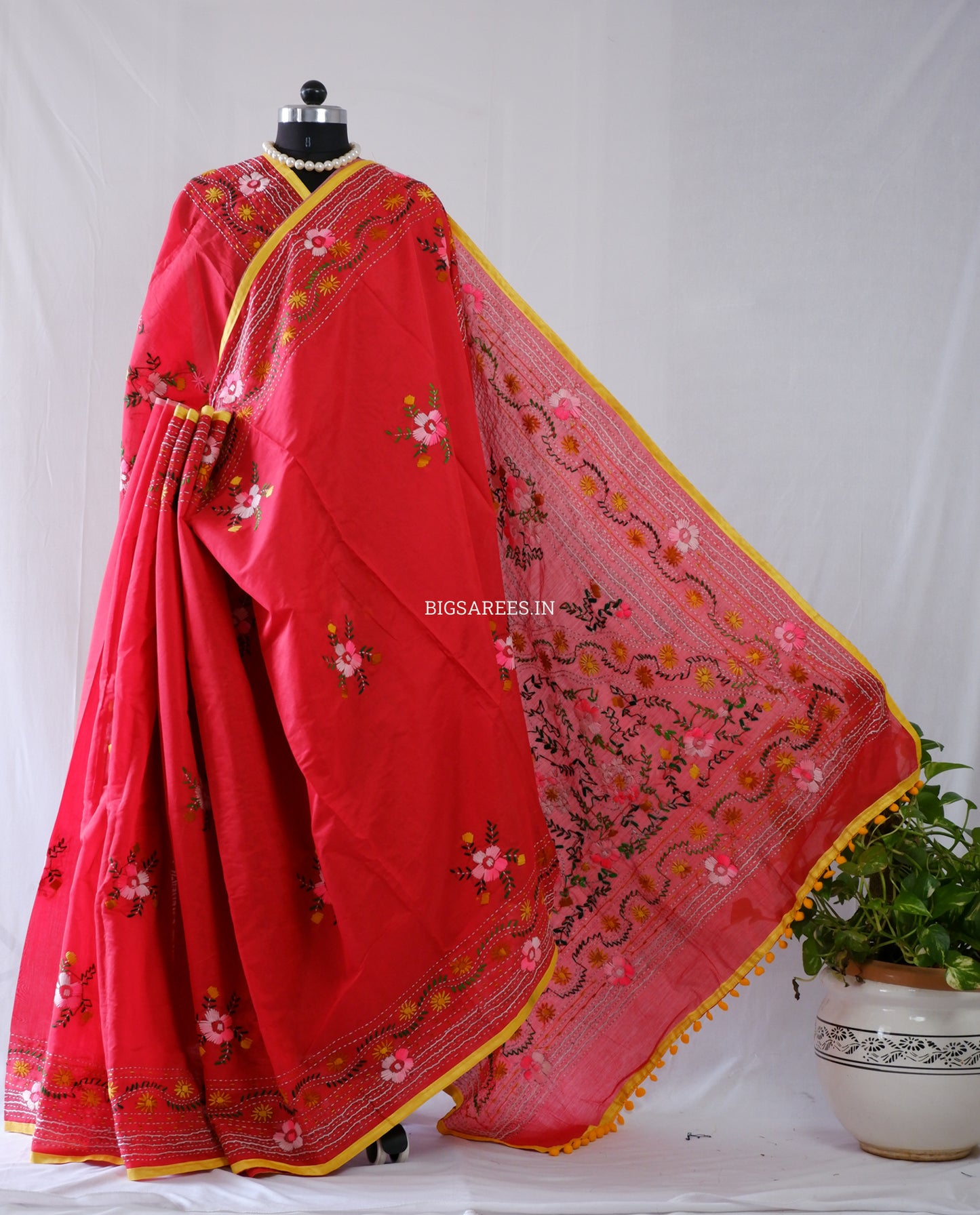 Phulkari Hand-Embroidered Saree | Chanderi Silk | Red
