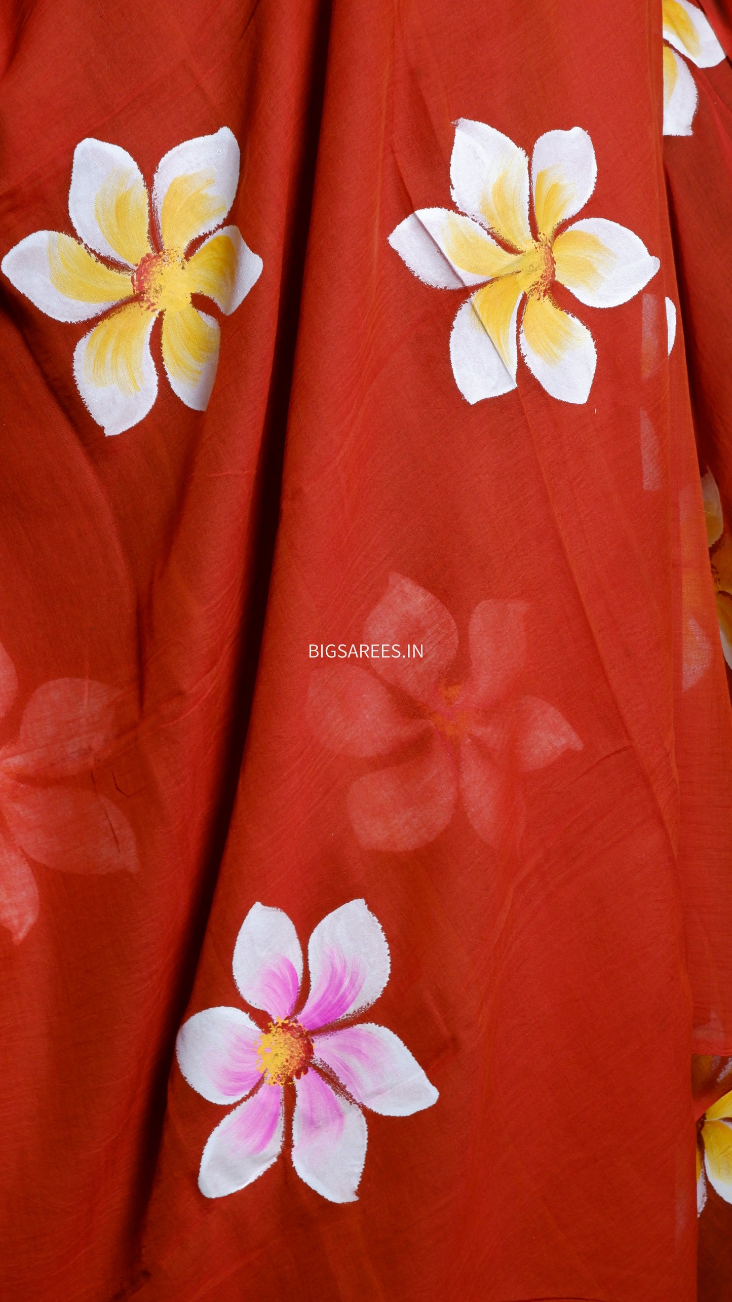 Hand Painted Mul Cotton Saree with Hand Block Printed Blouse | Brick Red