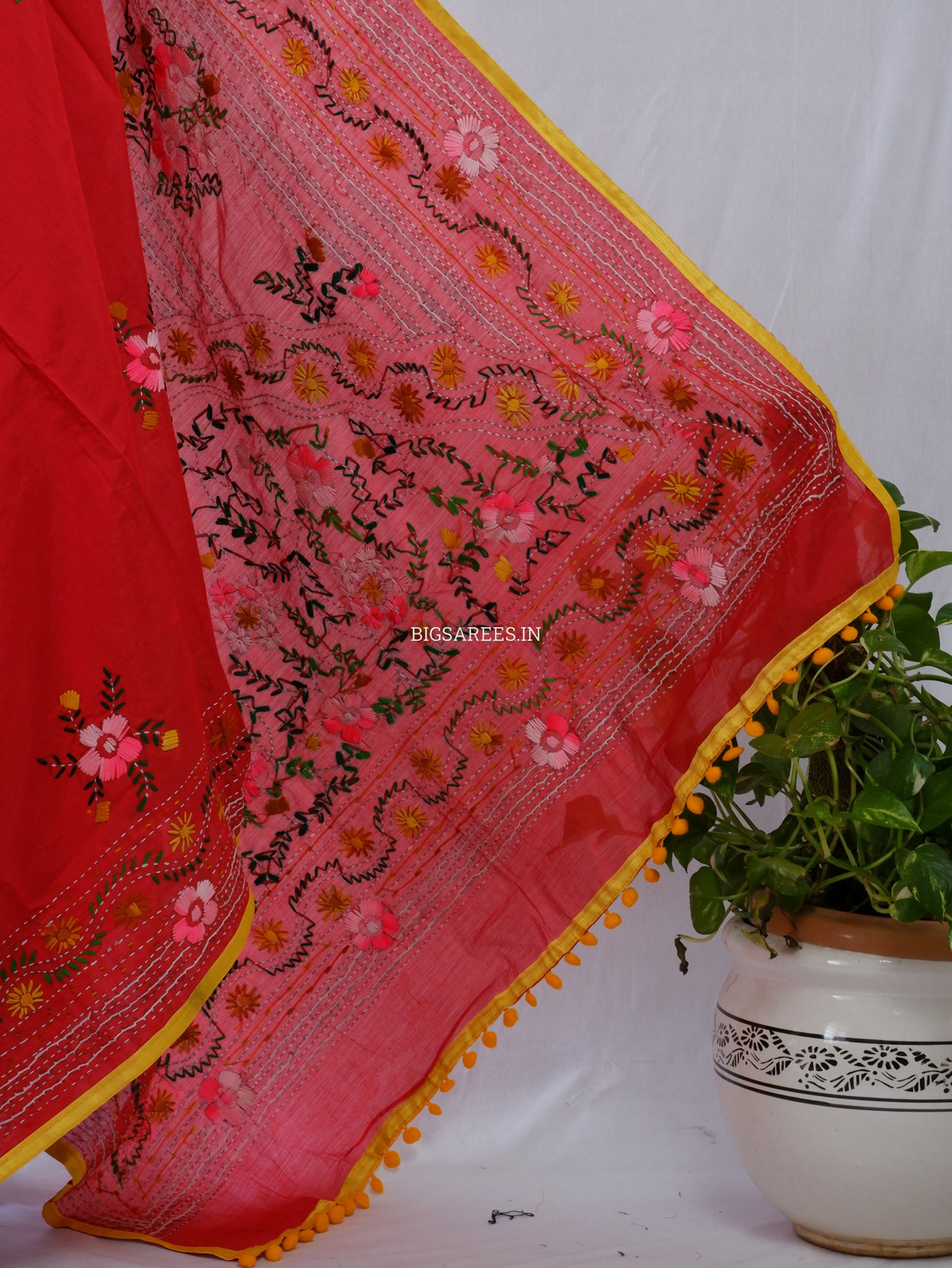 Phulkari Hand-Embroidered Saree | Chanderi Silk | Red