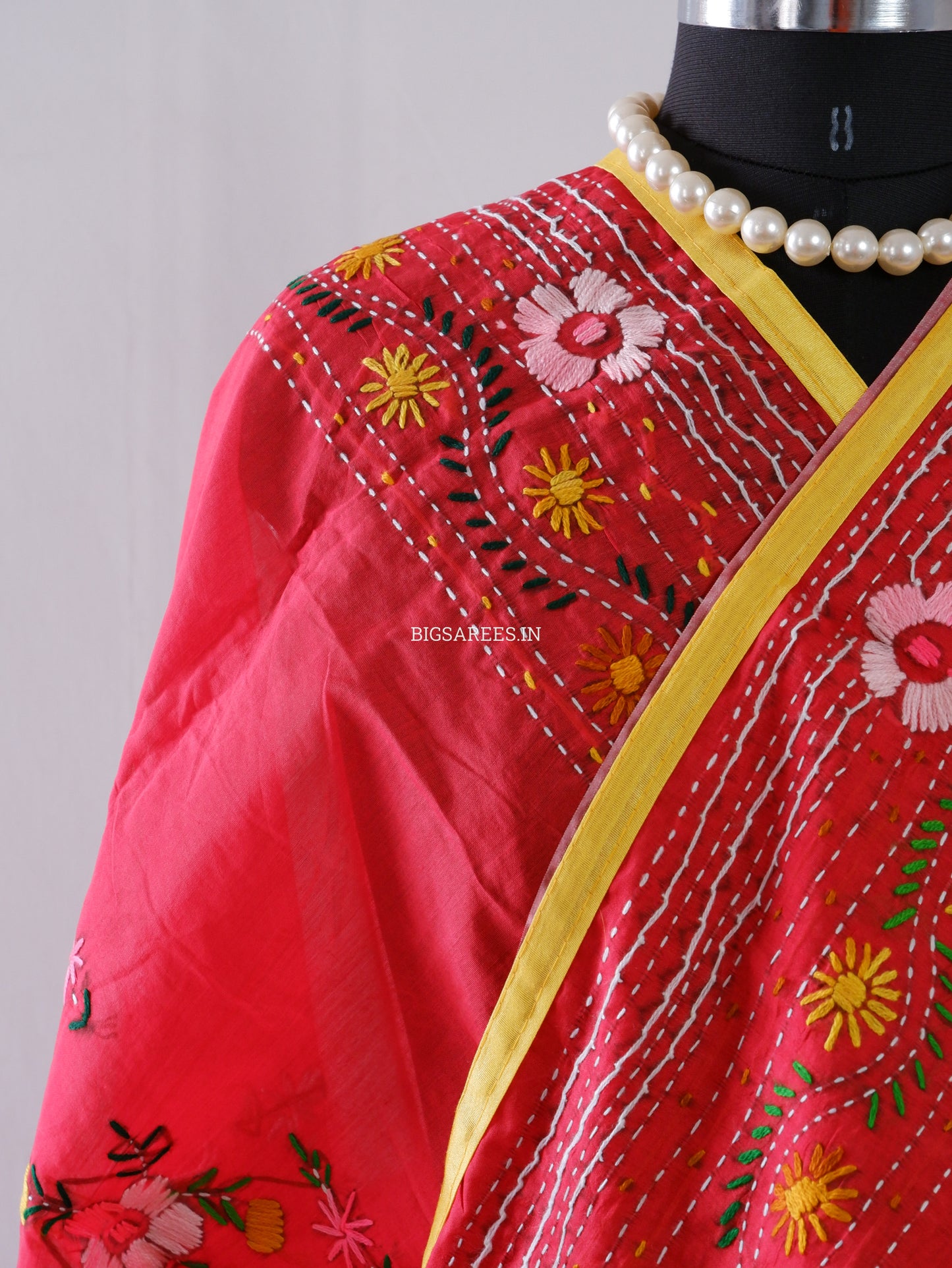 Phulkari Hand-Embroidered Saree | Chanderi Silk | Red