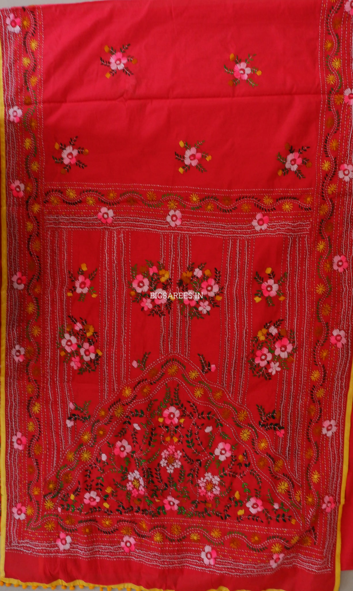 Phulkari Hand-Embroidered Saree | Chanderi Silk | Red
