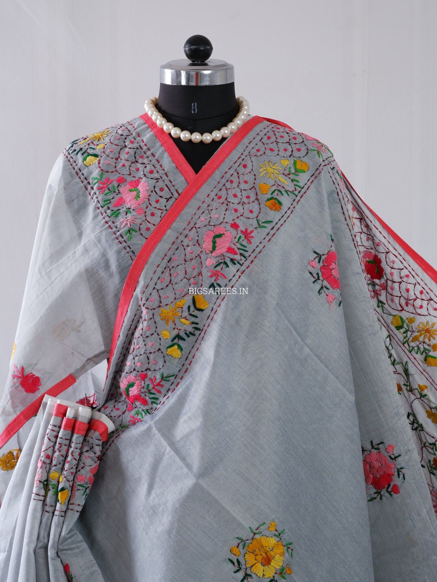Phulkari Hand-Embroidered Saree | Chanderi Silk | Grey