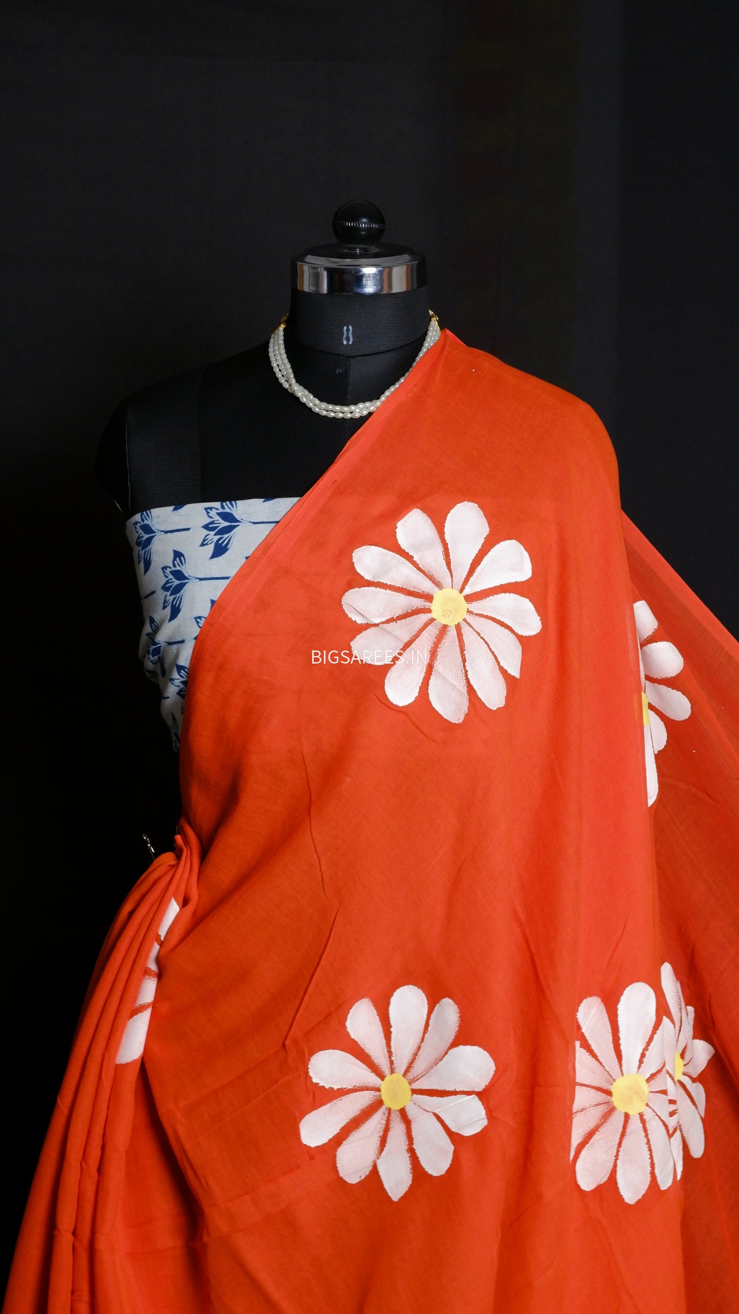 Hand Painted Mul Cotton Saree with Hand Block Printed Blouse | Orange