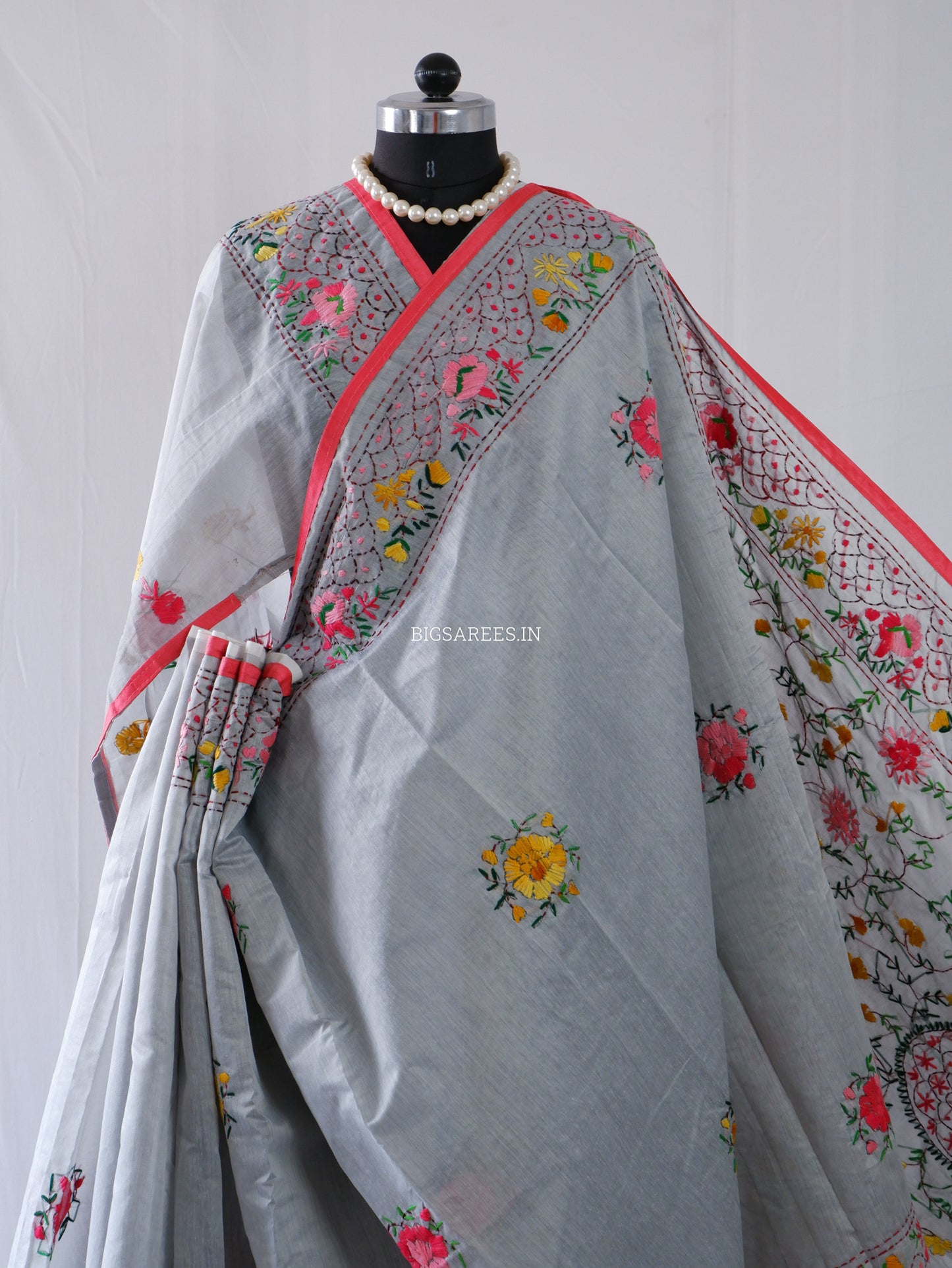 Phulkari Hand-Embroidered Saree | Chanderi Silk | Grey