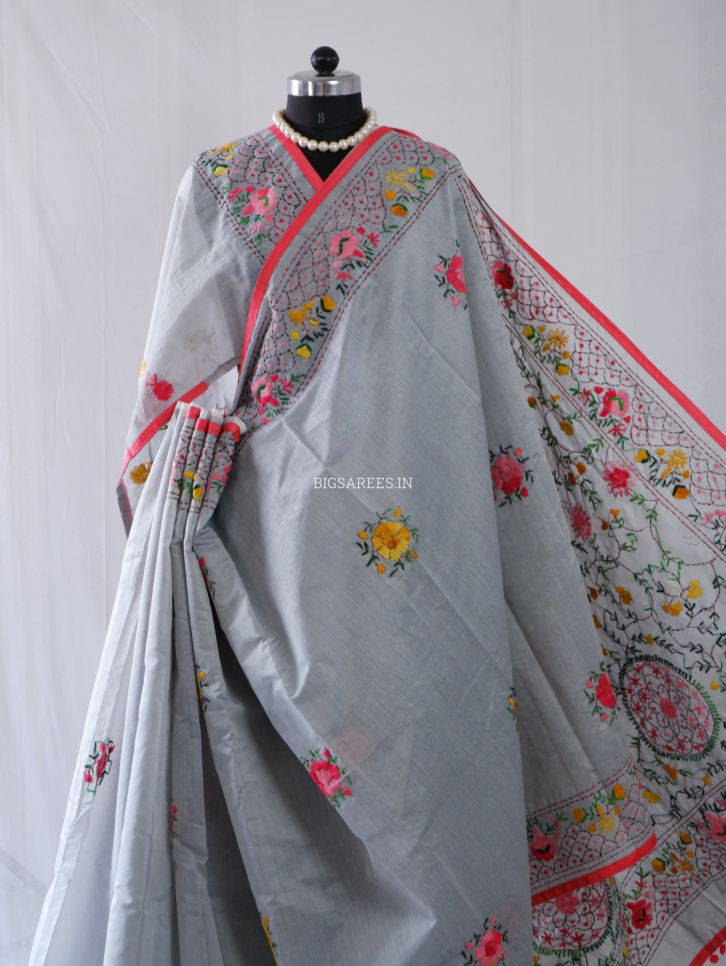 Phulkari Hand-Embroidered Saree | Chanderi Silk | Grey