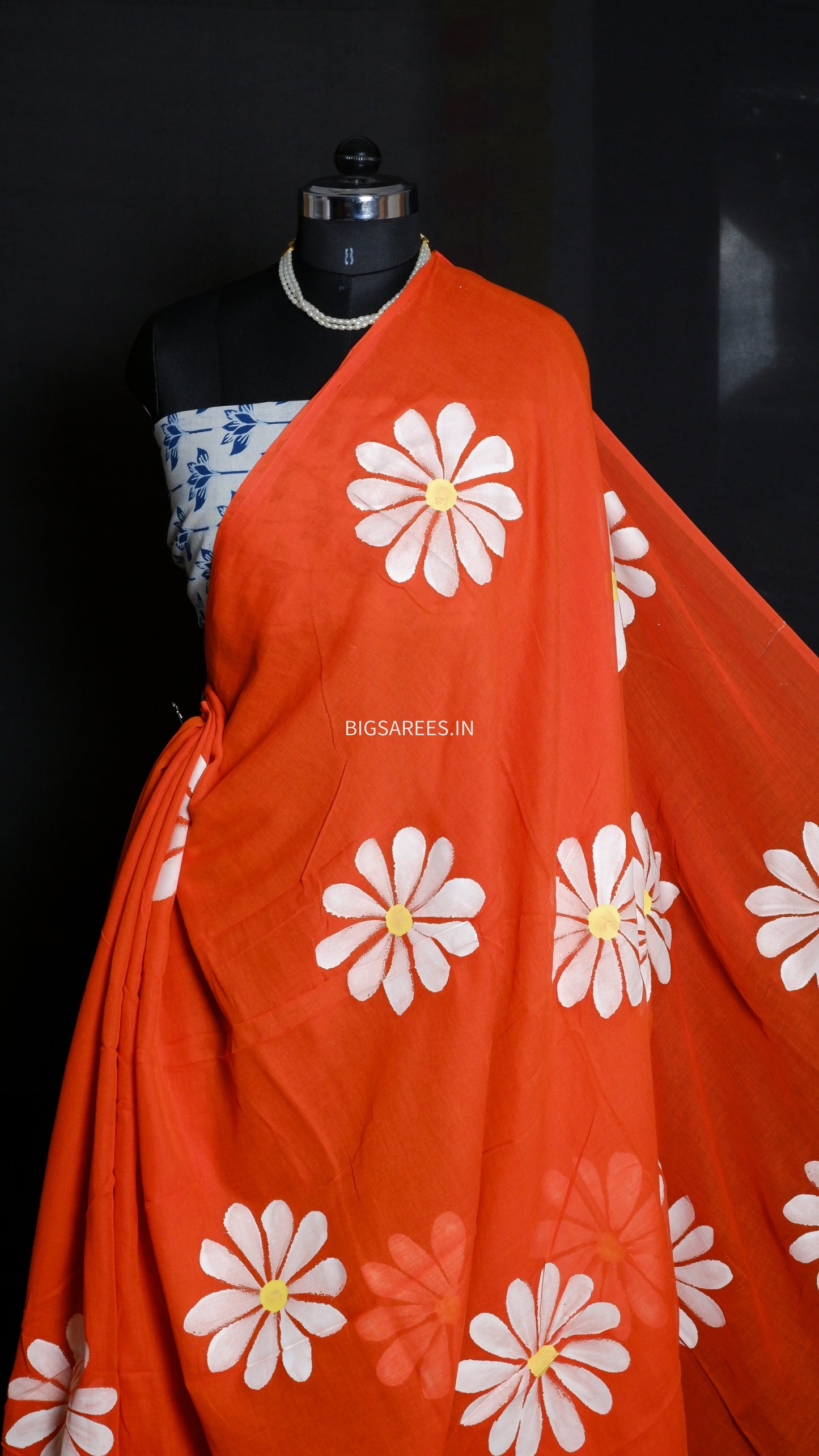 Hand Painted Mul Cotton Saree with Hand Block Printed Blouse | Orange