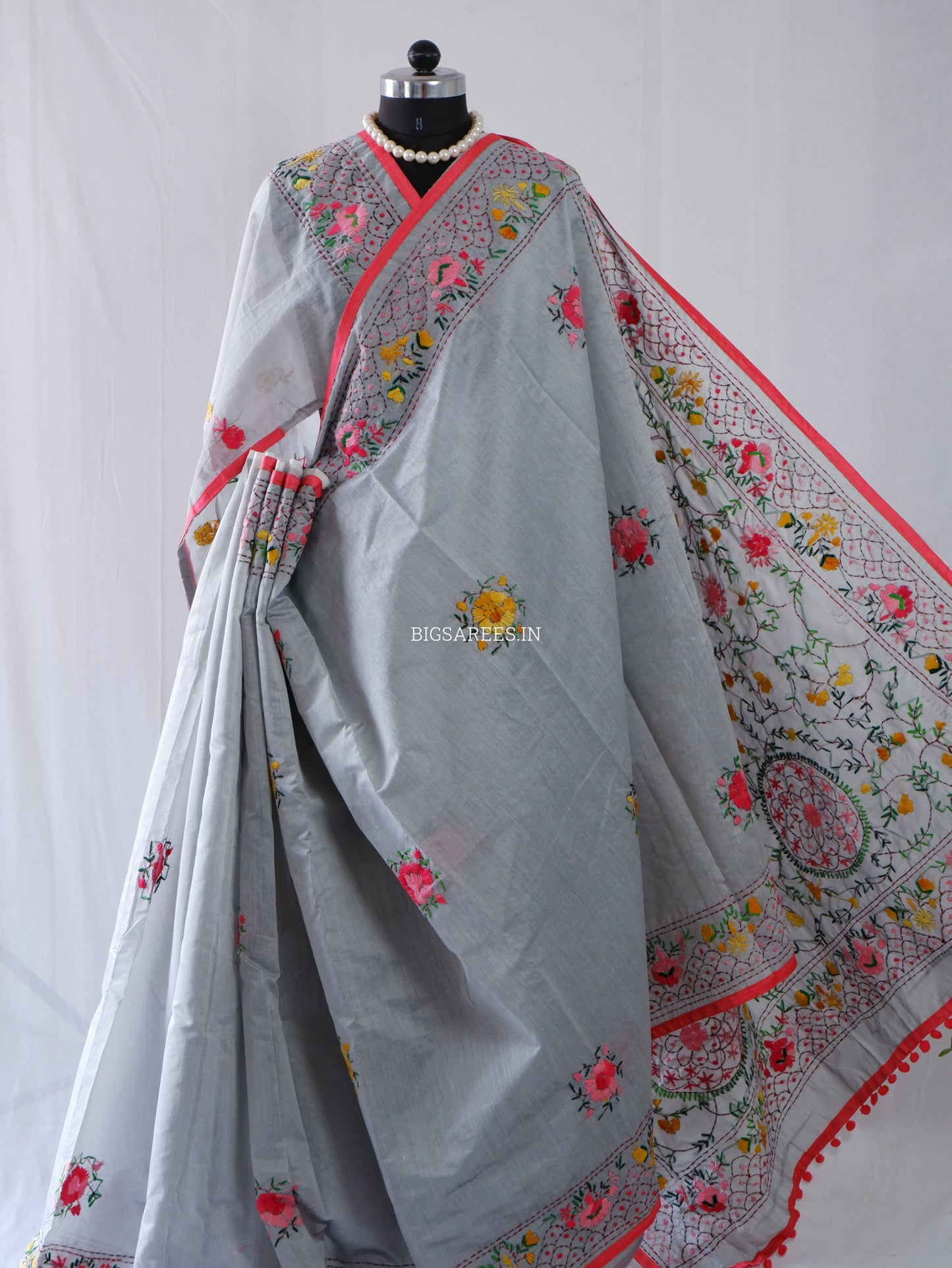 Phulkari Hand-Embroidered Saree | Chanderi Silk | Grey