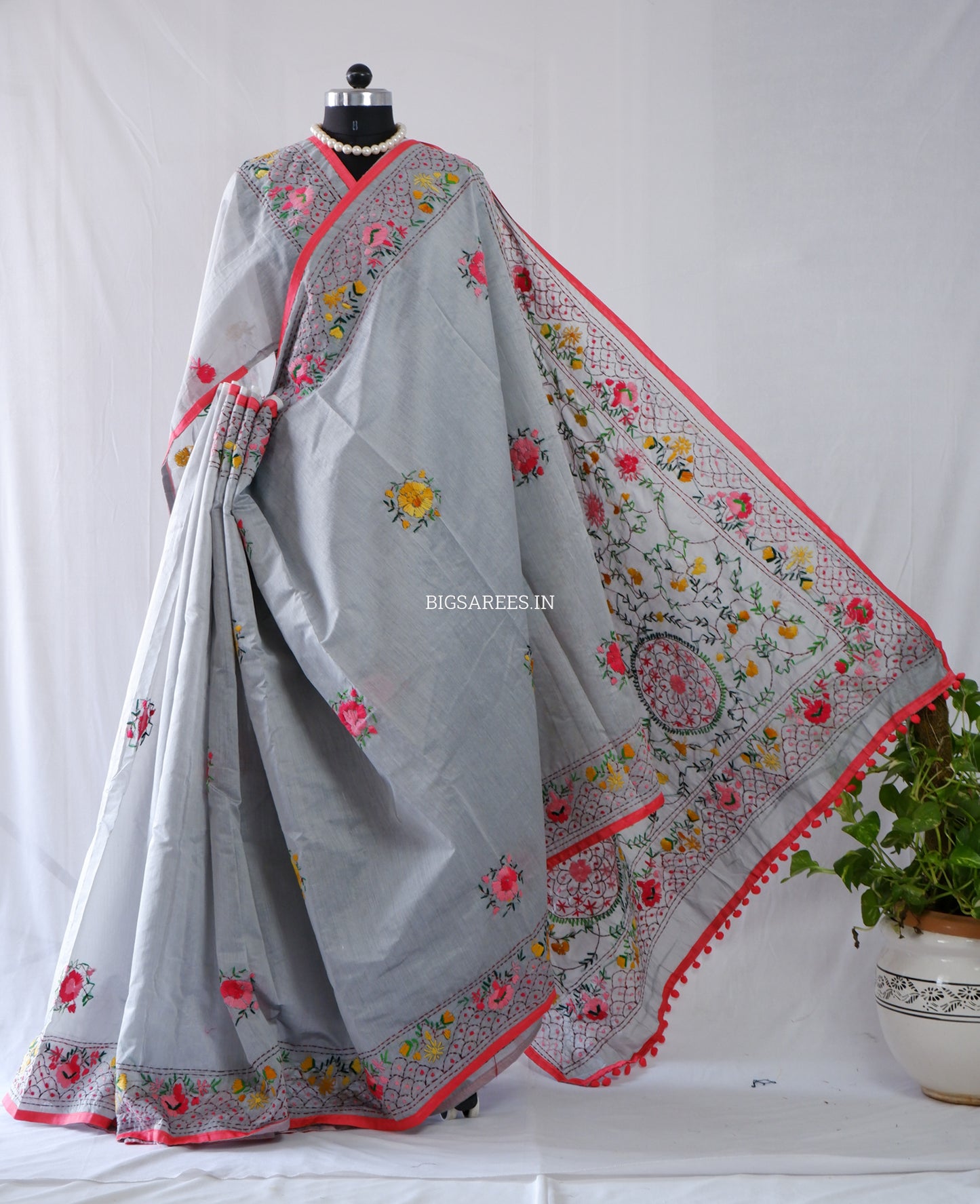 Phulkari Hand-Embroidered Saree | Chanderi Silk | Grey