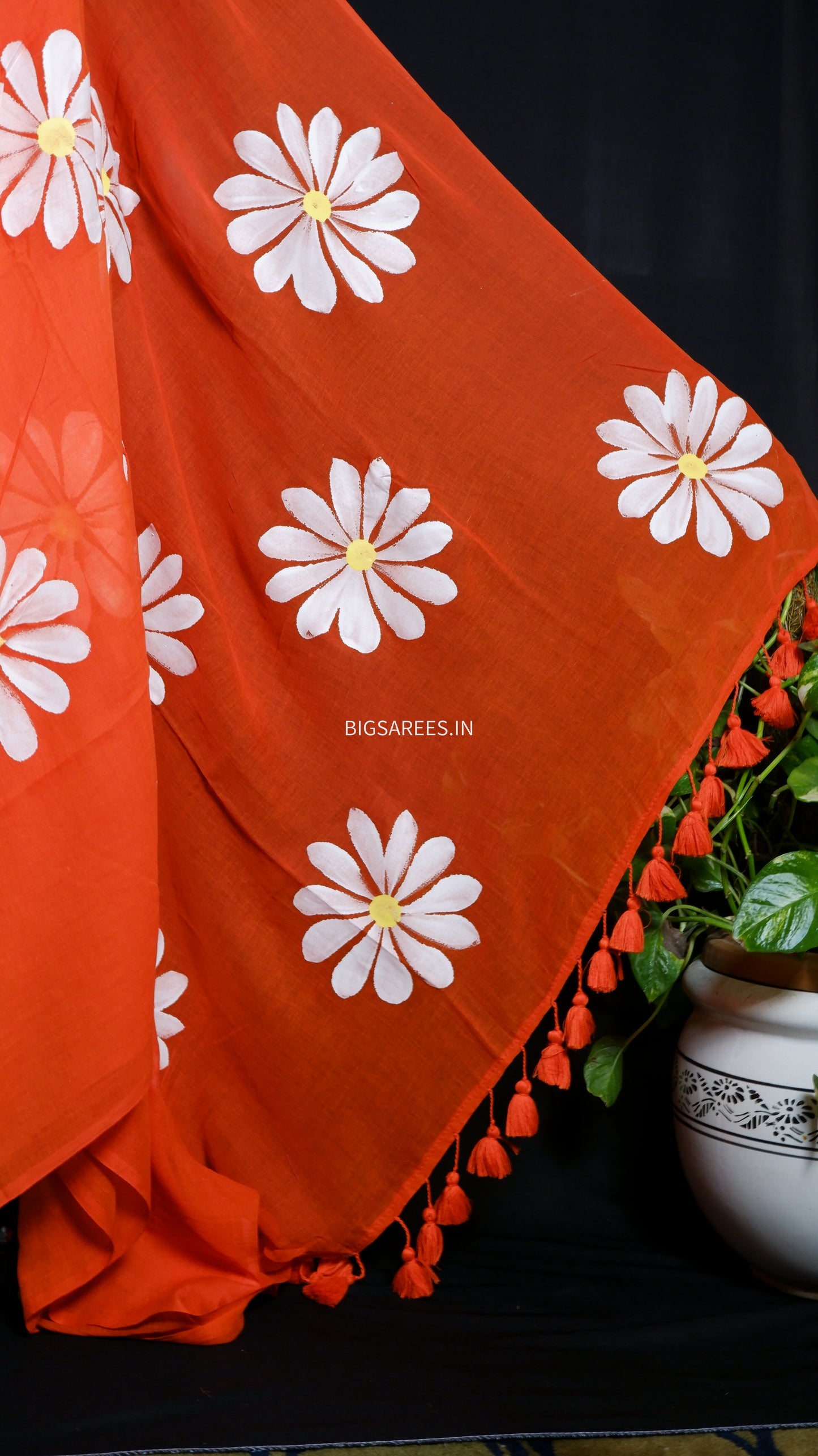 Hand Painted Mul Cotton Saree with Hand Block Printed Blouse | Orange