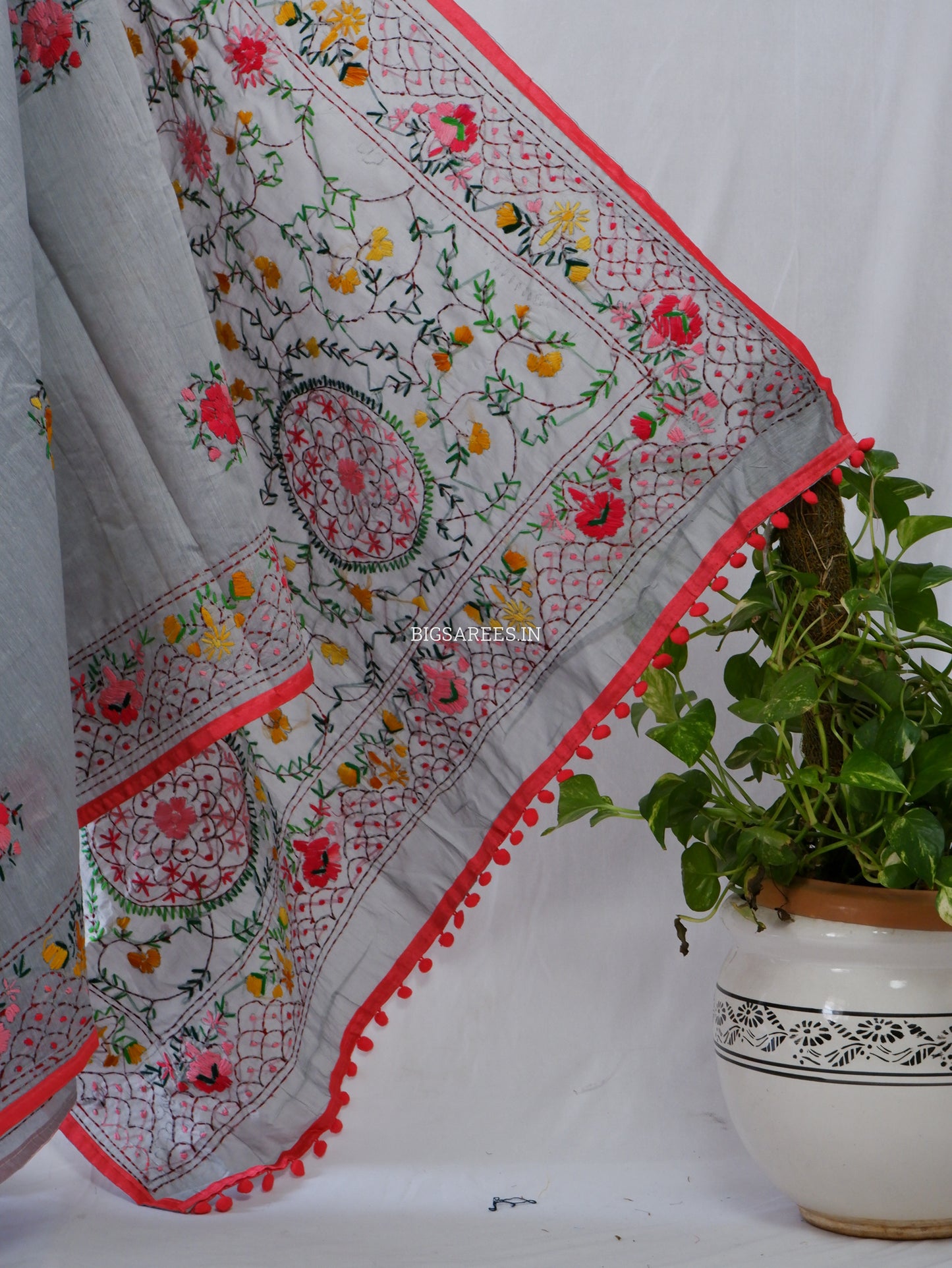 Phulkari Hand-Embroidered Saree | Chanderi Silk | Grey