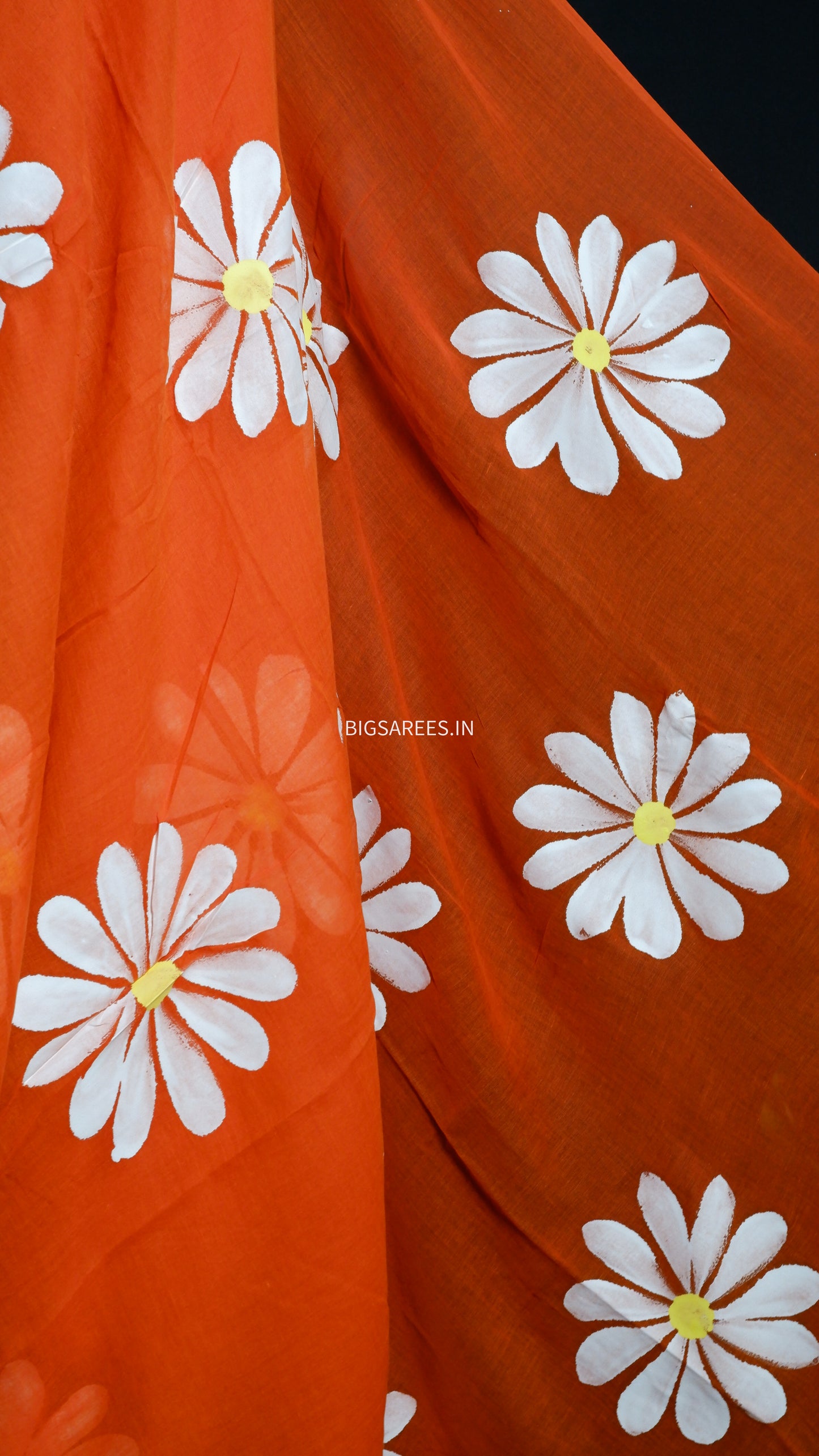 Hand Painted Mul Cotton Saree with Hand Block Printed Blouse | Orange