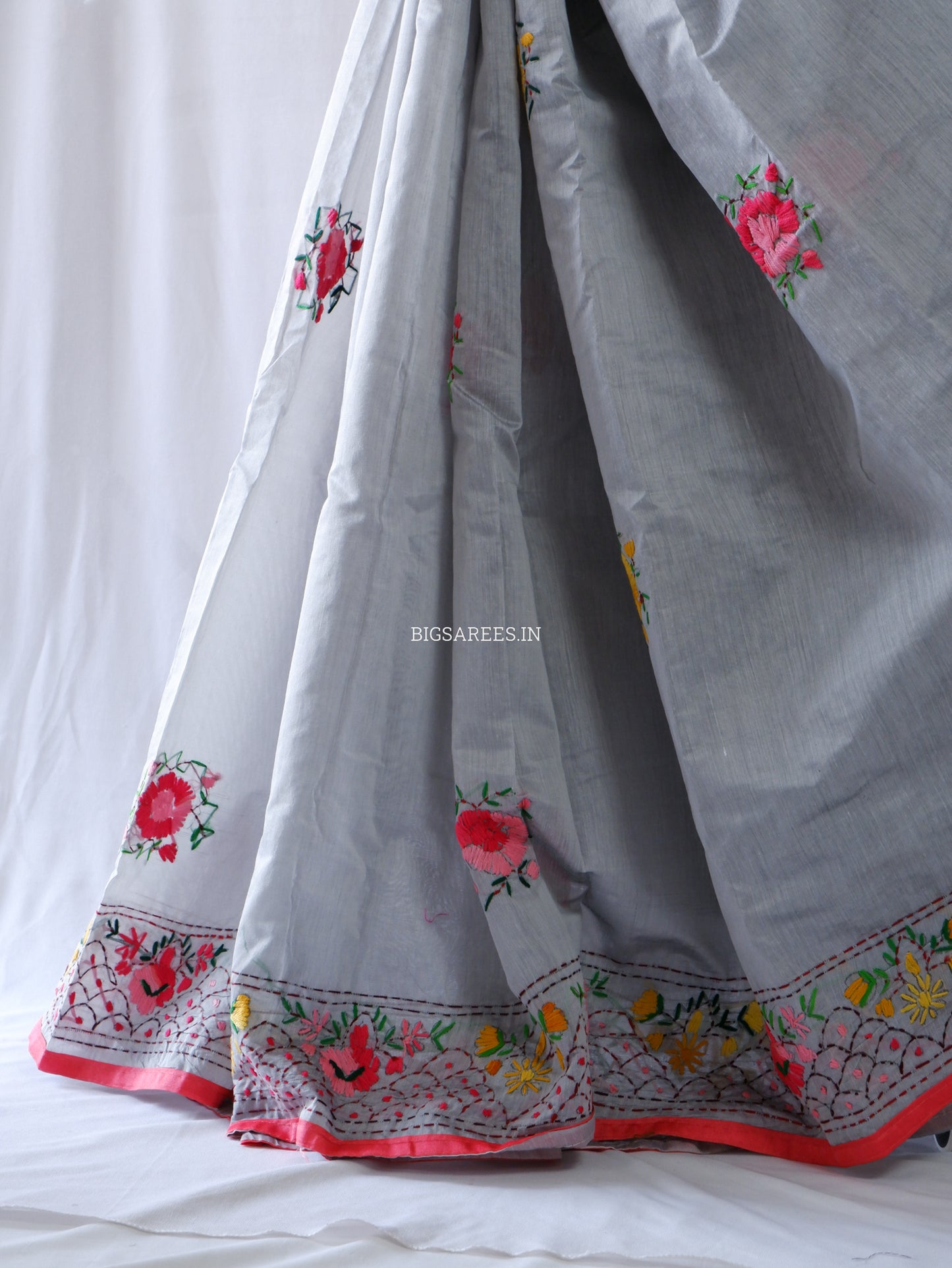 Phulkari Hand-Embroidered Saree | Chanderi Silk | Grey