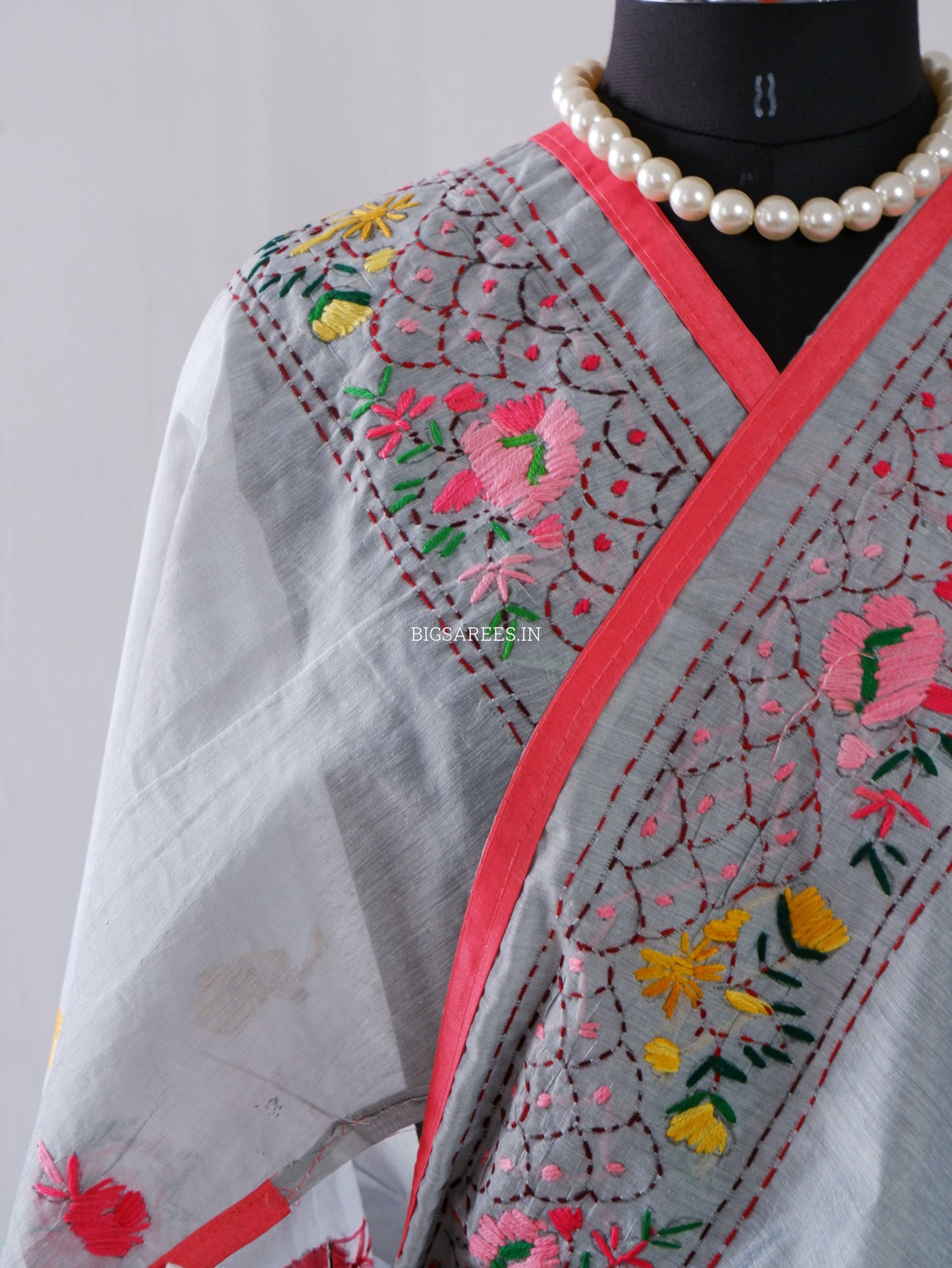 Phulkari Hand-Embroidered Saree | Chanderi Silk | Grey