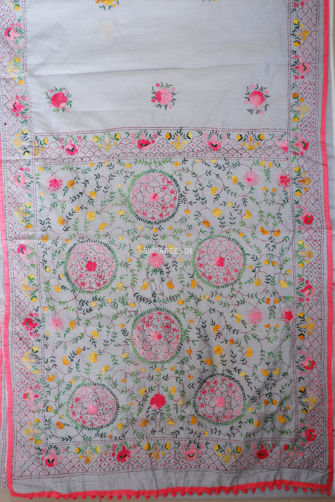 Phulkari Hand-Embroidered Saree | Chanderi Silk | Grey
