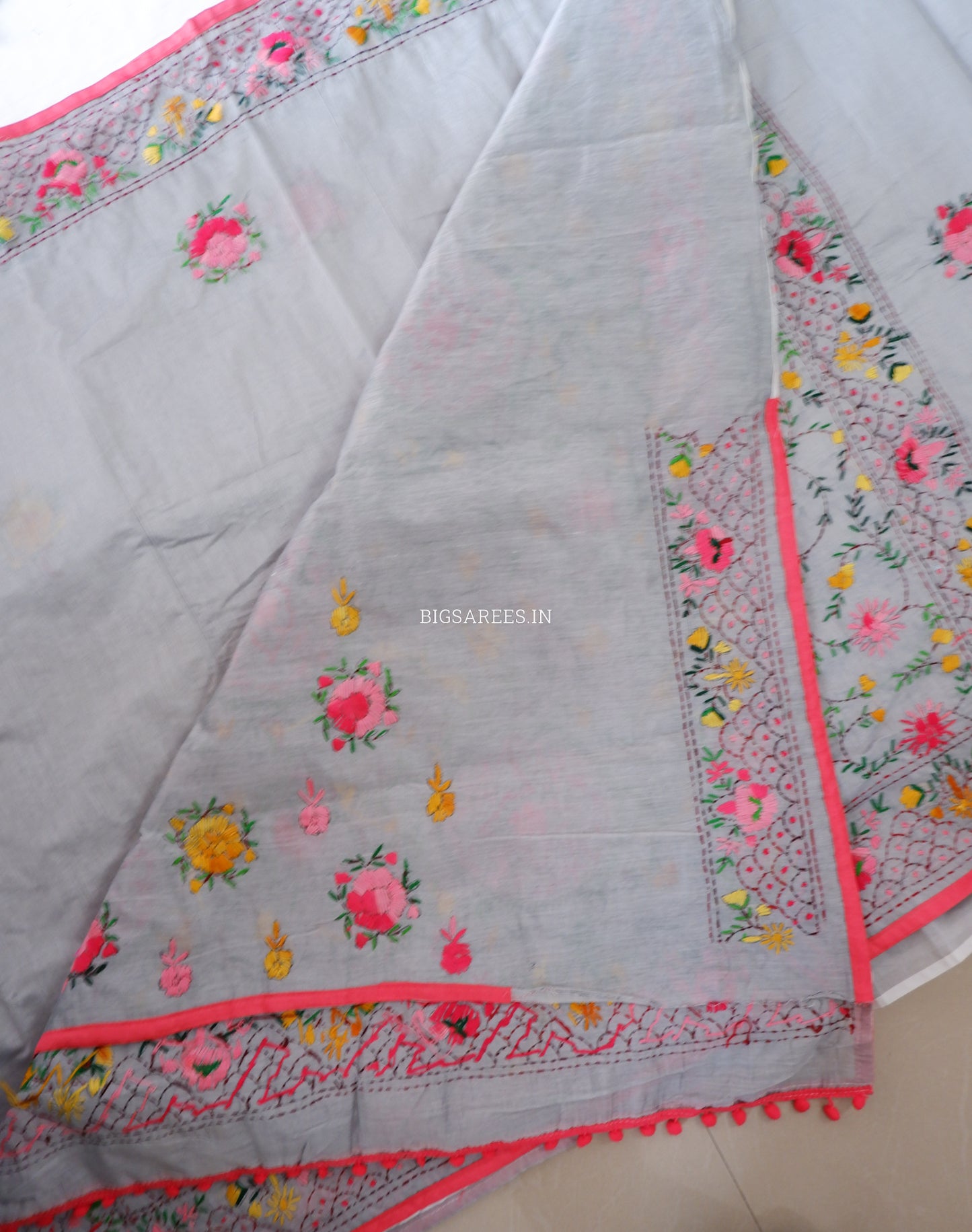 Phulkari Hand-Embroidered Saree | Chanderi Silk | Grey