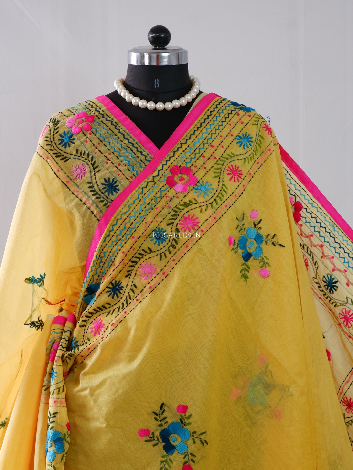 Phulkari Hand-Embroidered Saree | Chanderi Silk | Yellow