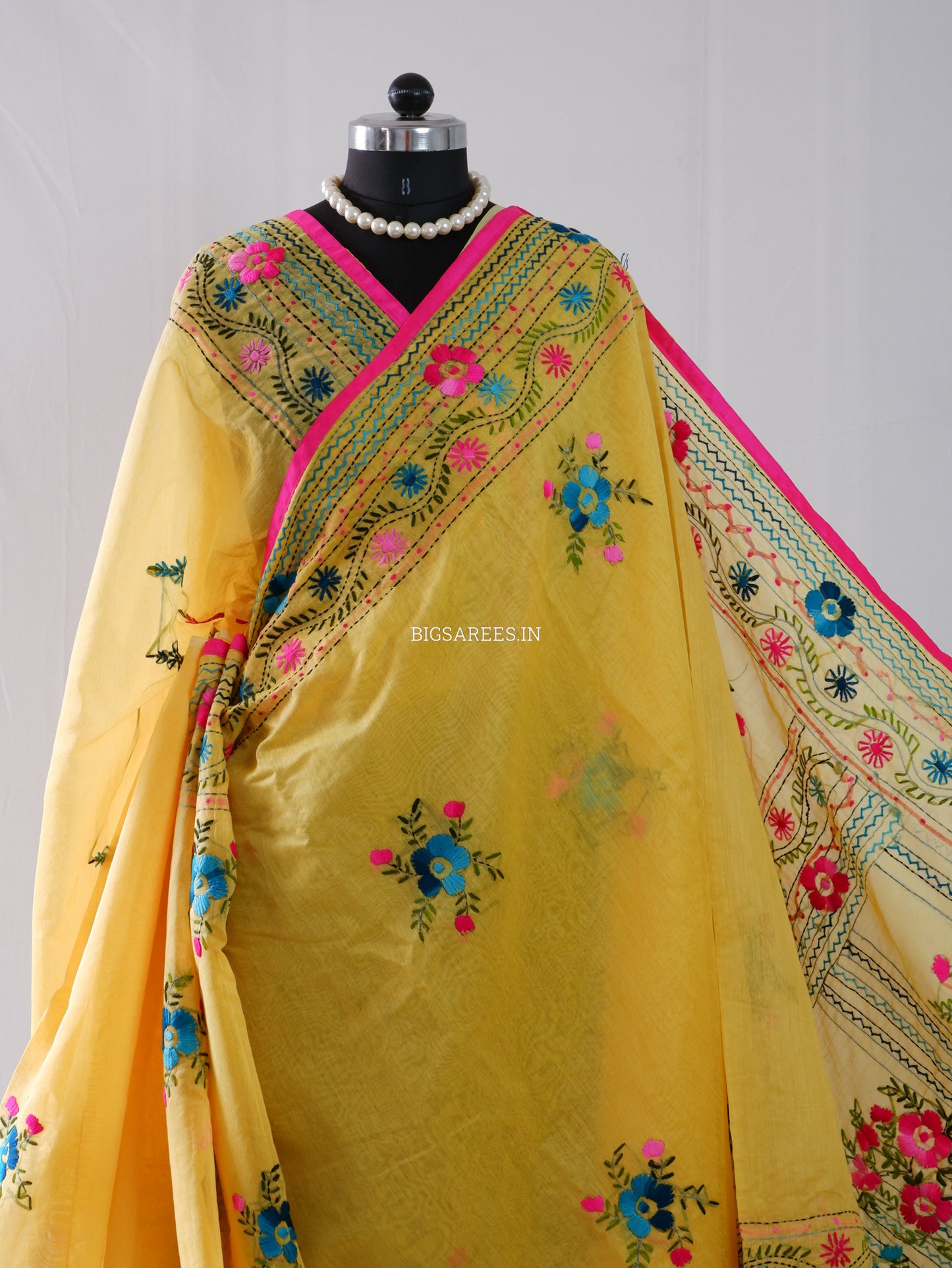 Phulkari Hand-Embroidered Saree | Chanderi Silk | Yellow
