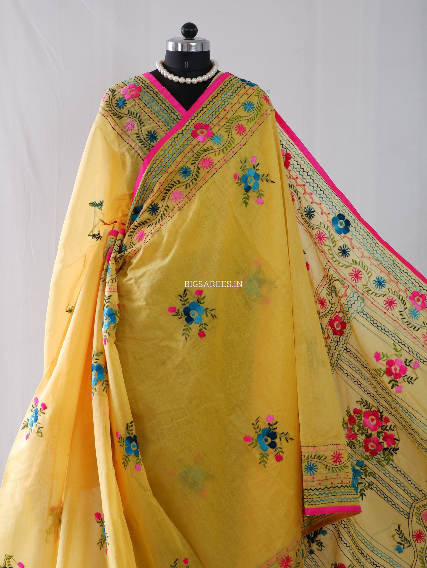 Phulkari Hand-Embroidered Saree | Chanderi Silk | Yellow