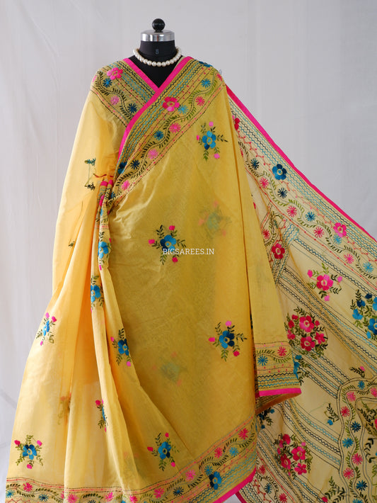 Phulkari Hand-Embroidered Saree | Chanderi Silk | Yellow
