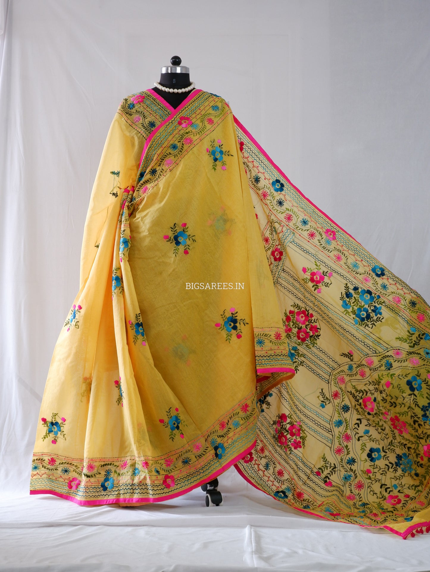 Phulkari Hand-Embroidered Saree | Chanderi Silk | Yellow