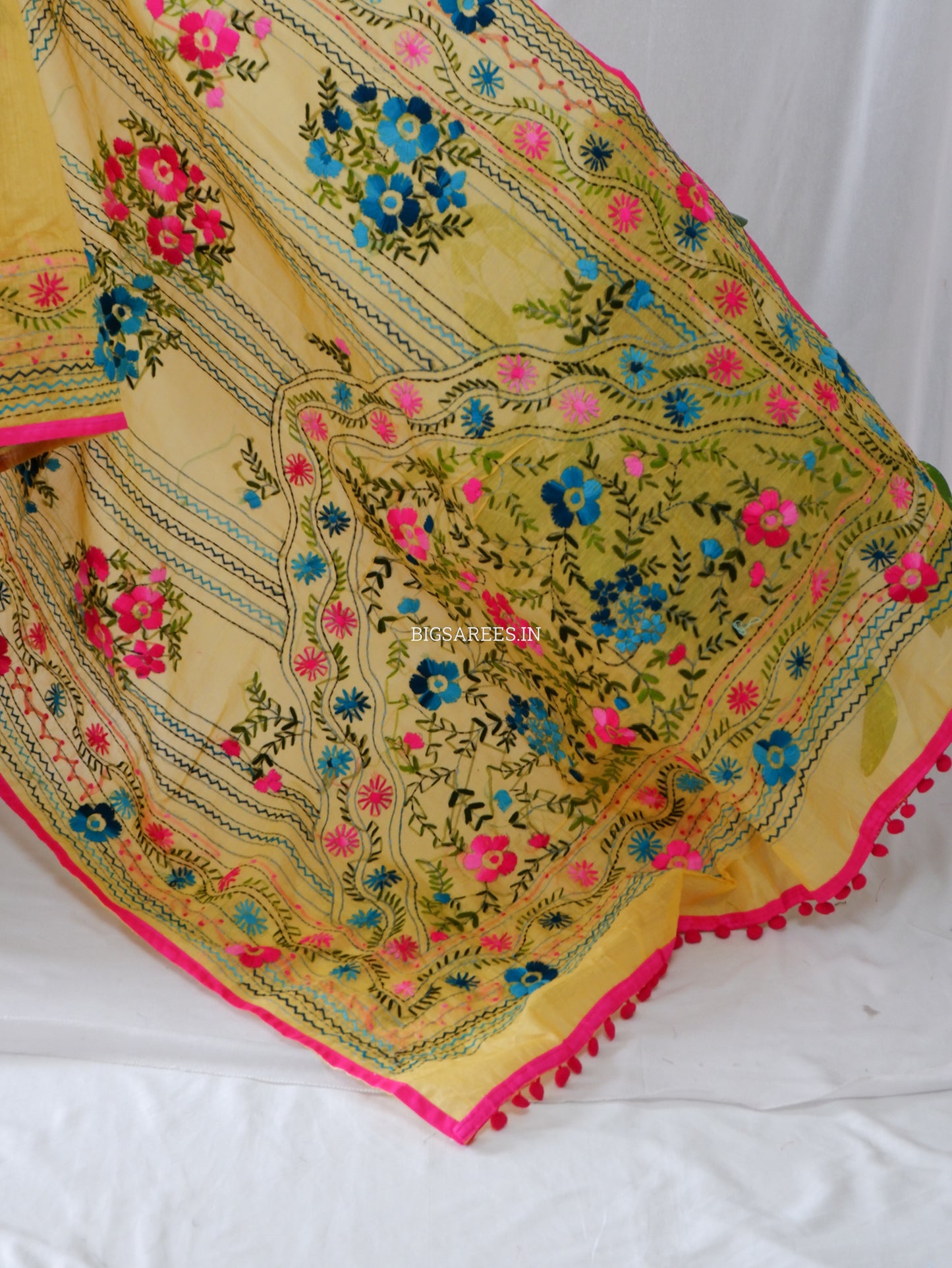 Phulkari Hand-Embroidered Saree | Chanderi Silk | Yellow