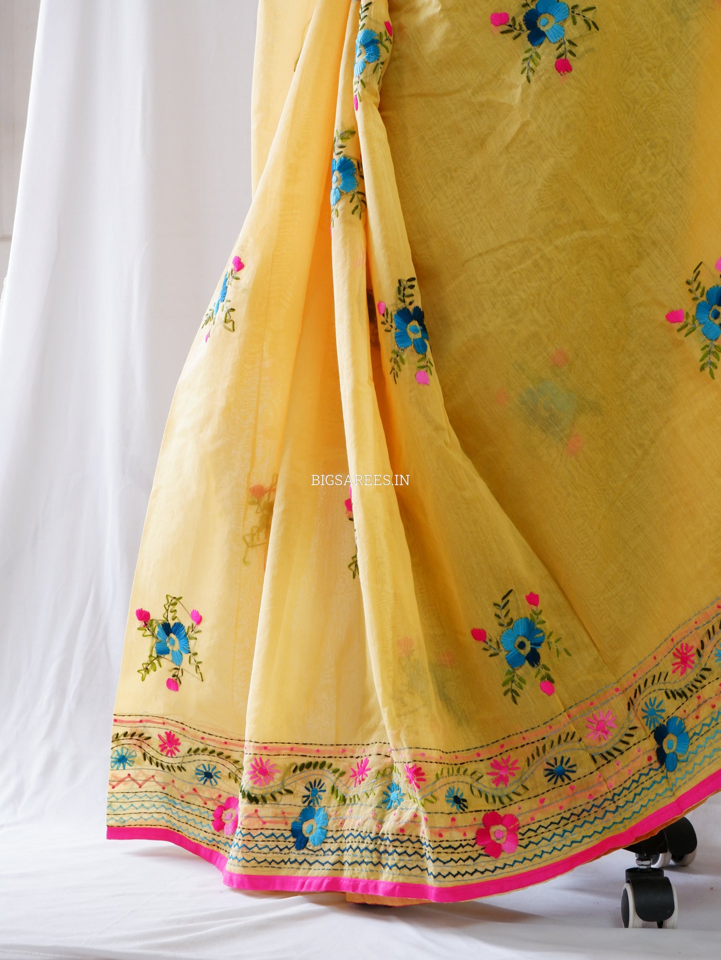 Phulkari Hand-Embroidered Saree | Chanderi Silk | Yellow