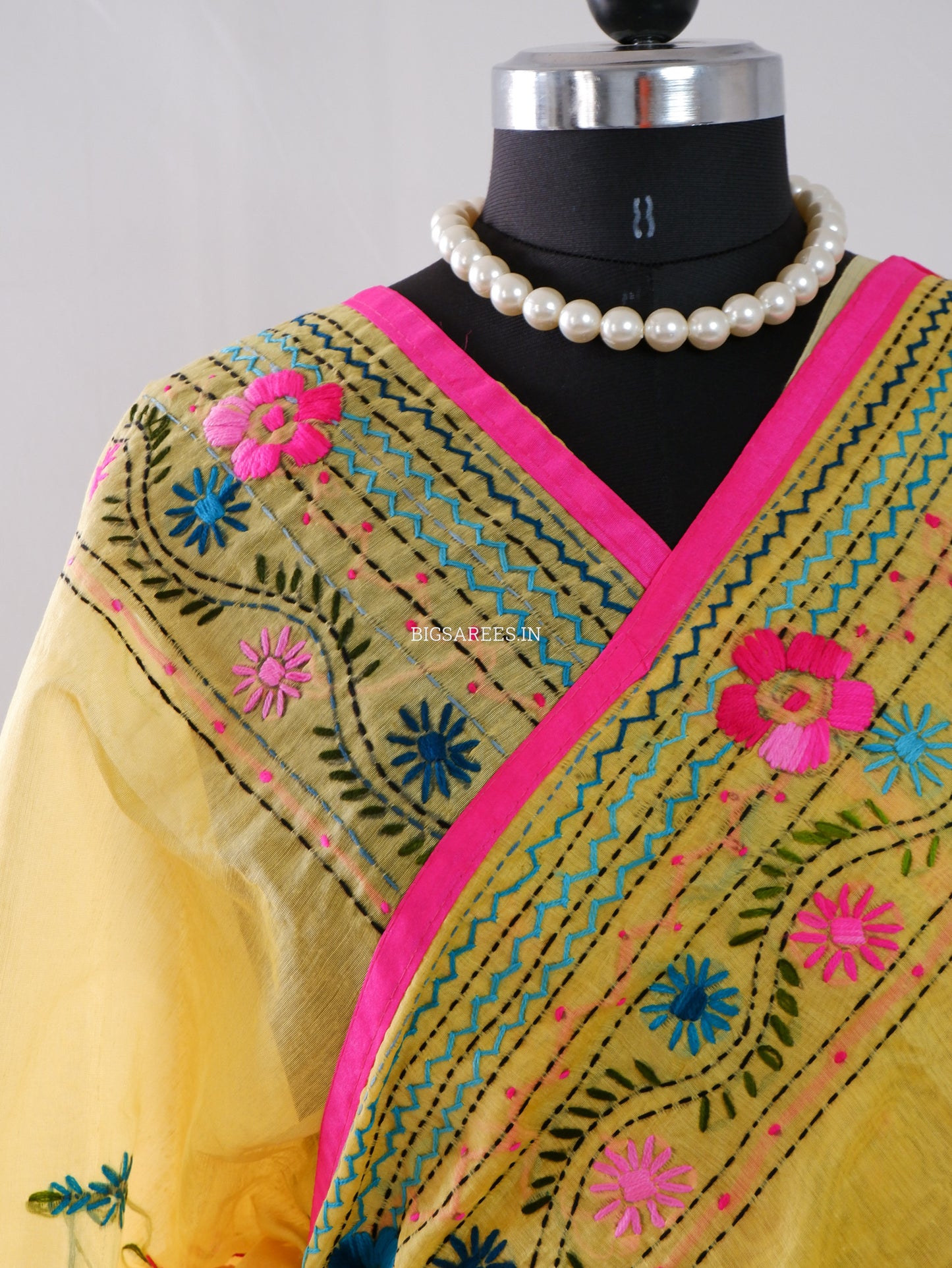Phulkari Hand-Embroidered Saree | Chanderi Silk | Yellow