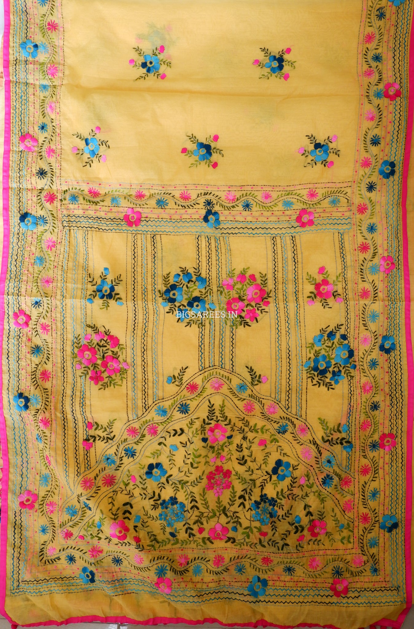 Phulkari Hand-Embroidered Saree | Chanderi Silk | Yellow