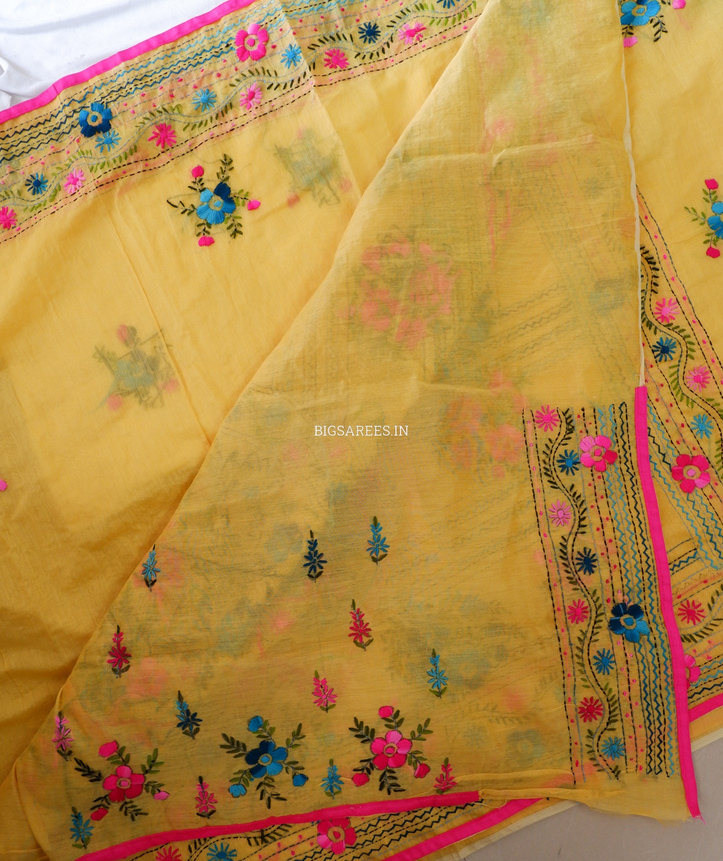 Phulkari Hand-Embroidered Saree | Chanderi Silk | Yellow