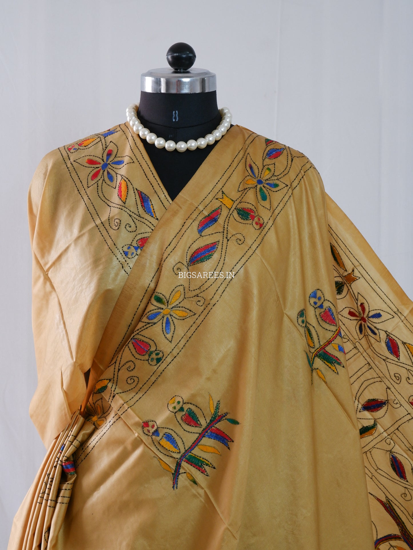 Kantha Stitch Hand Embroidered Saree | Blended Bangalore Silk / Art Silk | Golden Brown