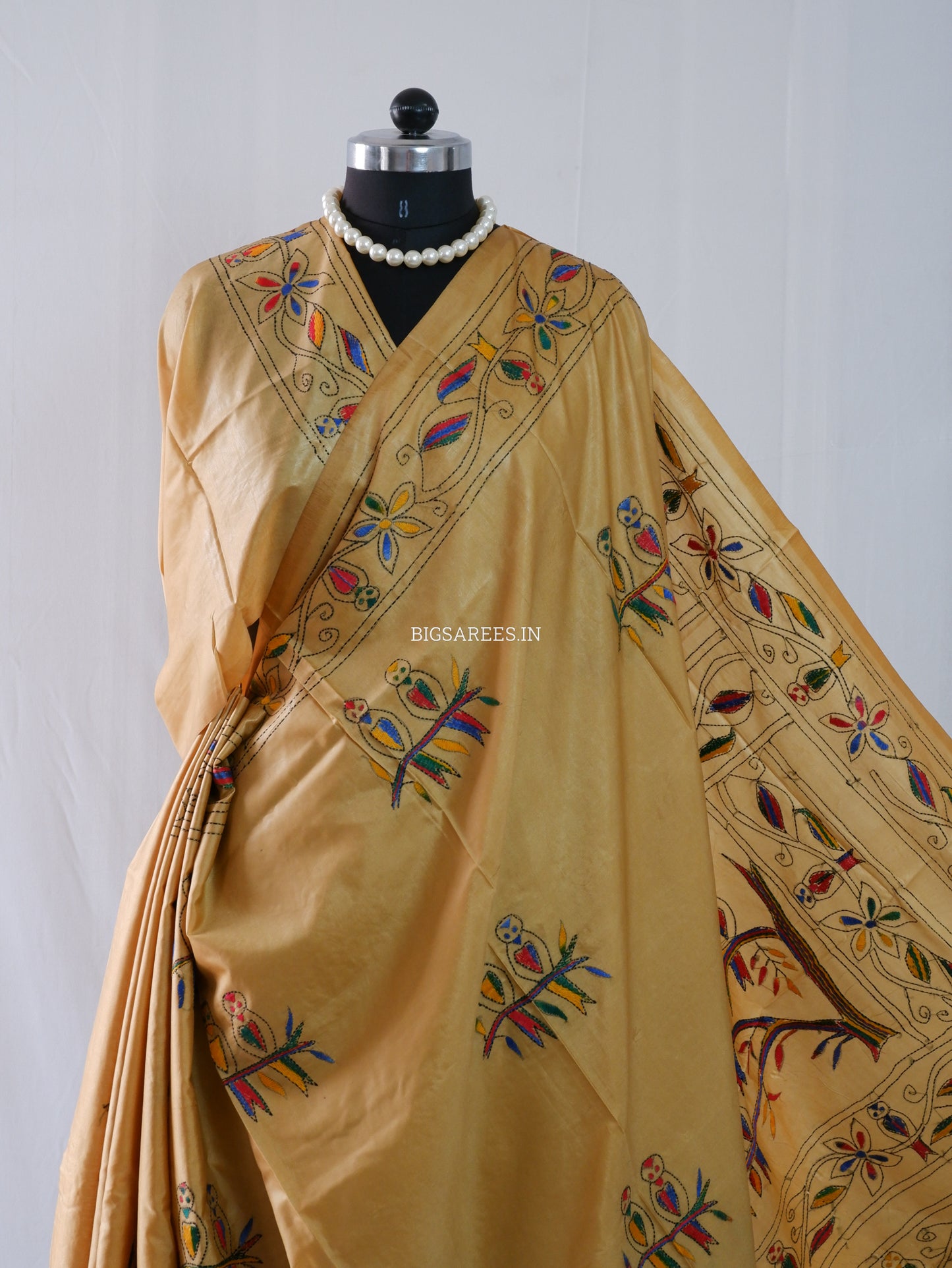 Kantha Stitch Hand Embroidered Saree | Blended Bangalore Silk / Art Silk | Golden Brown