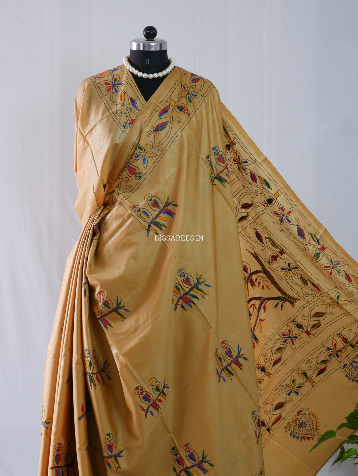 Kantha Stitch Hand Embroidered Saree | Blended Bangalore Silk / Art Silk | Golden Brown