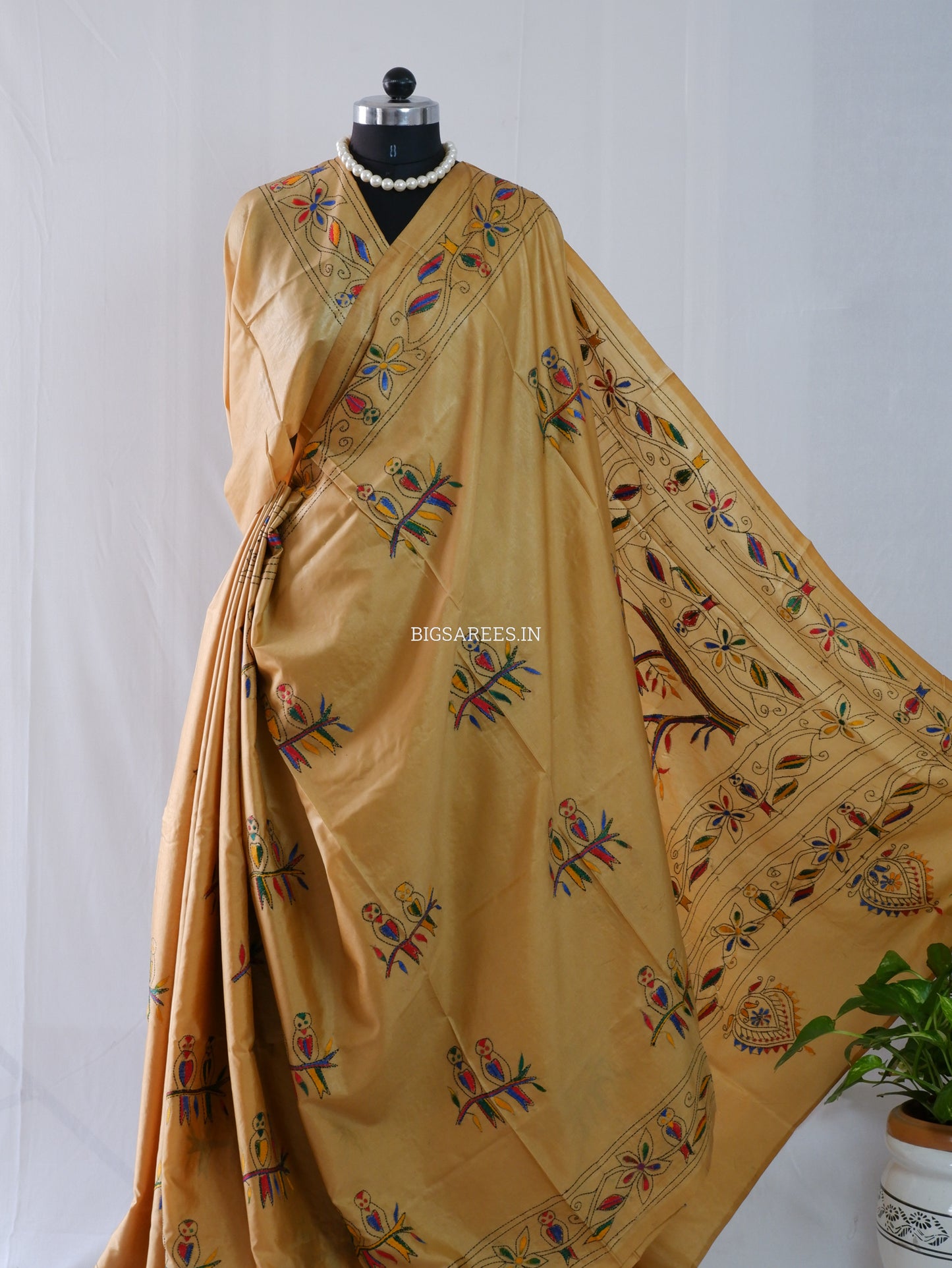 Kantha Stitch Hand Embroidered Saree | Blended Bangalore Silk / Art Silk | Golden Brown