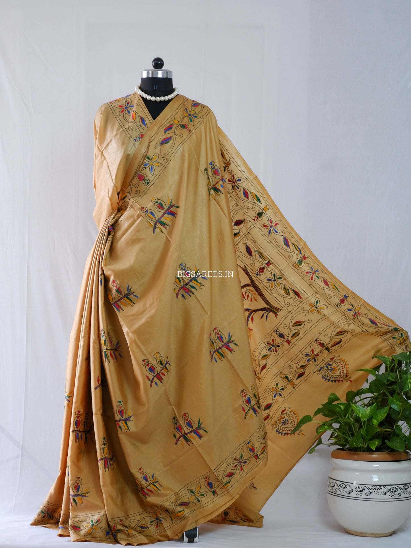 Kantha Stitch Hand Embroidered Saree | Blended Bangalore Silk / Art Silk | Golden Brown