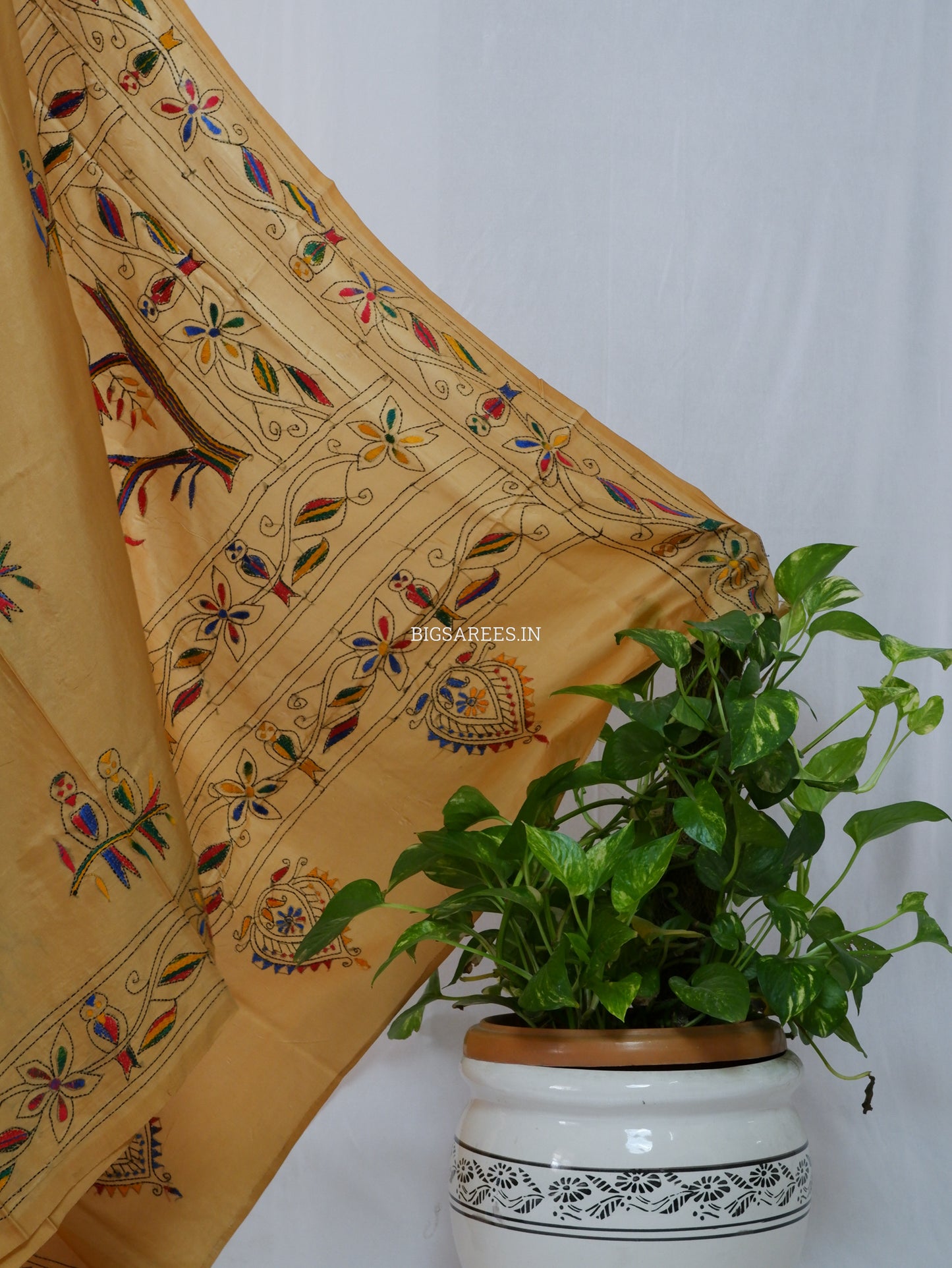 Kantha Stitch Hand Embroidered Saree | Blended Bangalore Silk / Art Silk | Golden Brown