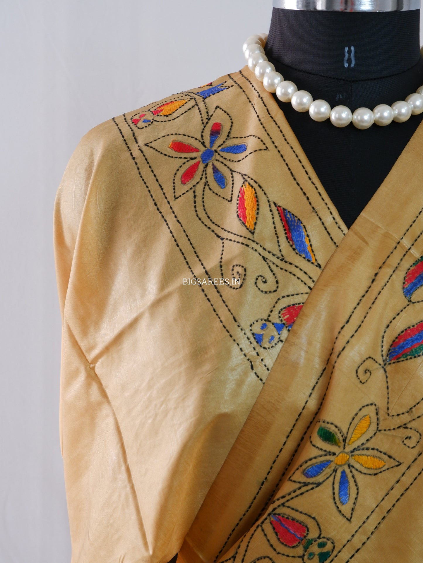 Kantha Stitch Hand Embroidered Saree | Blended Bangalore Silk / Art Silk | Golden Brown