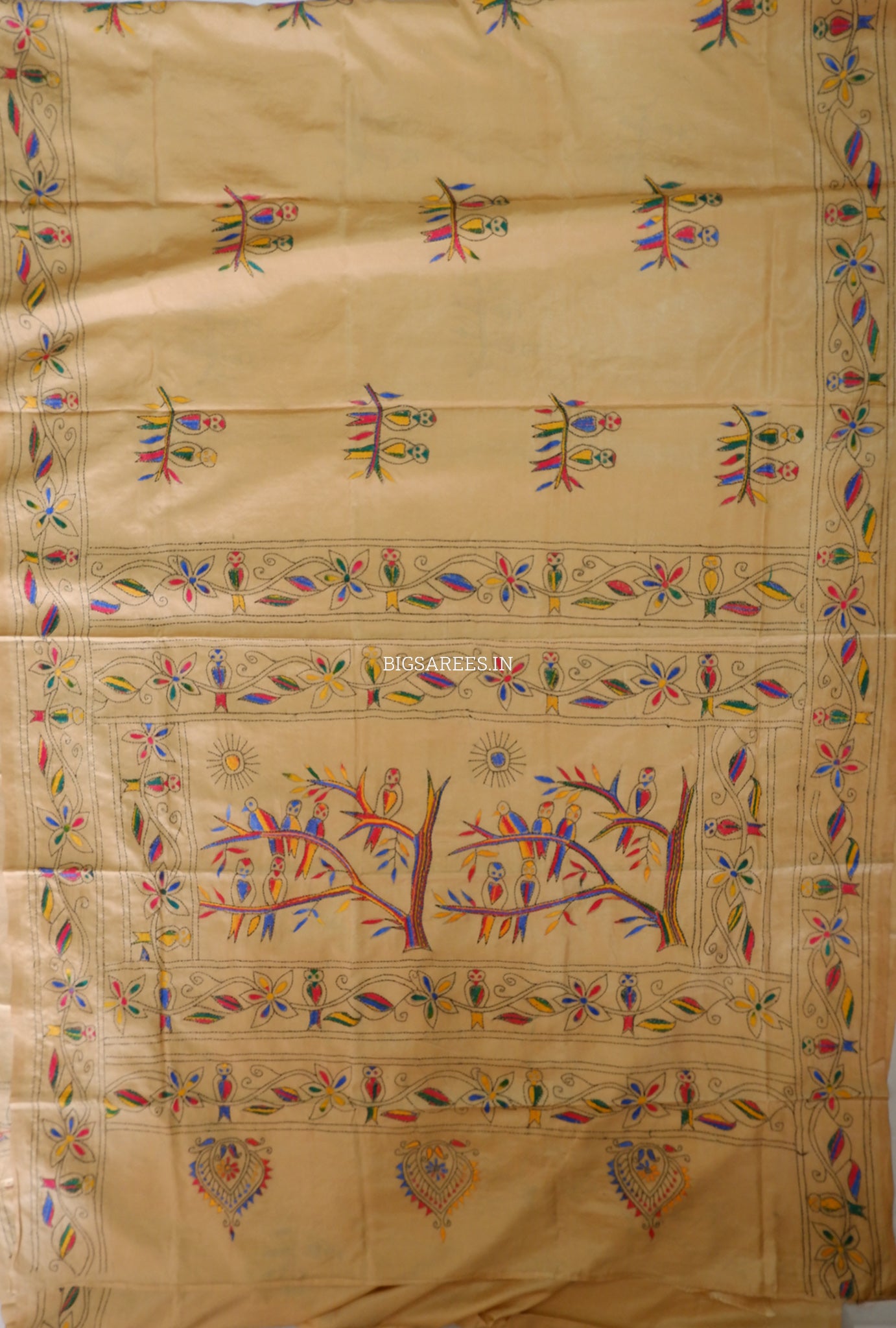 Kantha Stitch Hand Embroidered Saree | Blended Bangalore Silk / Art Silk | Golden Brown