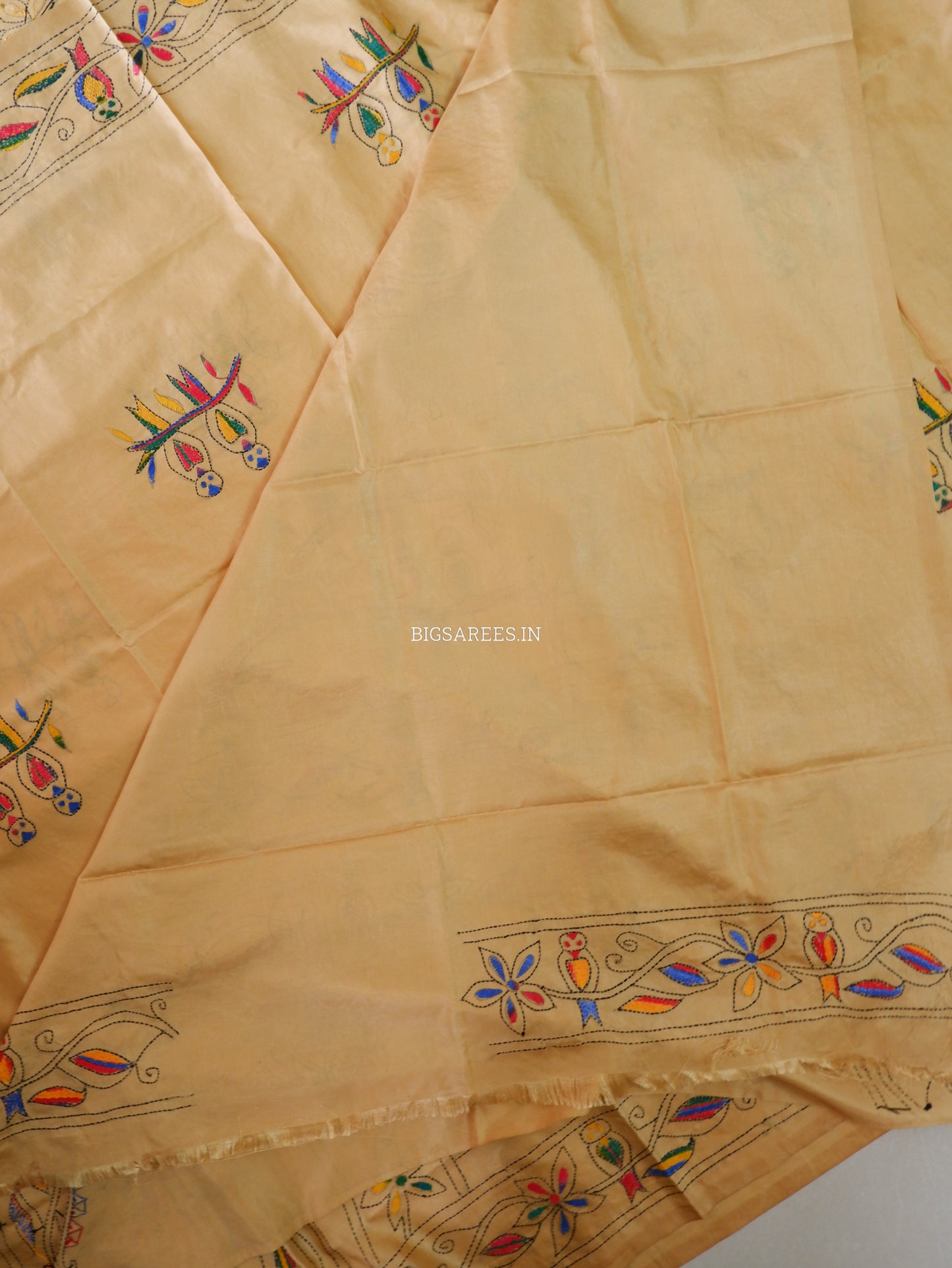 Kantha Stitch Hand Embroidered Saree | Blended Bangalore Silk / Art Silk | Golden Brown