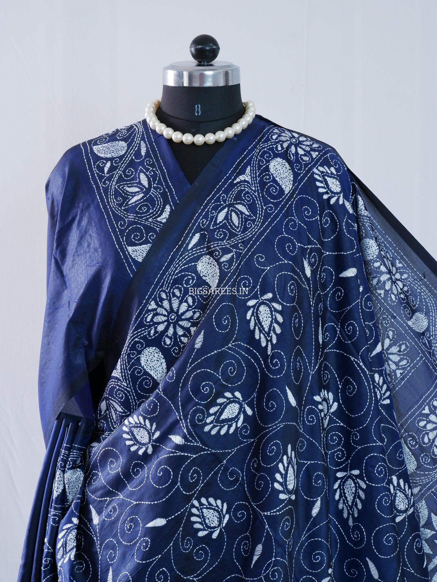 Kantha Stitch Hand Embroidered Saree | Blended Bangalore Silk / Art Silk | Navy Blue