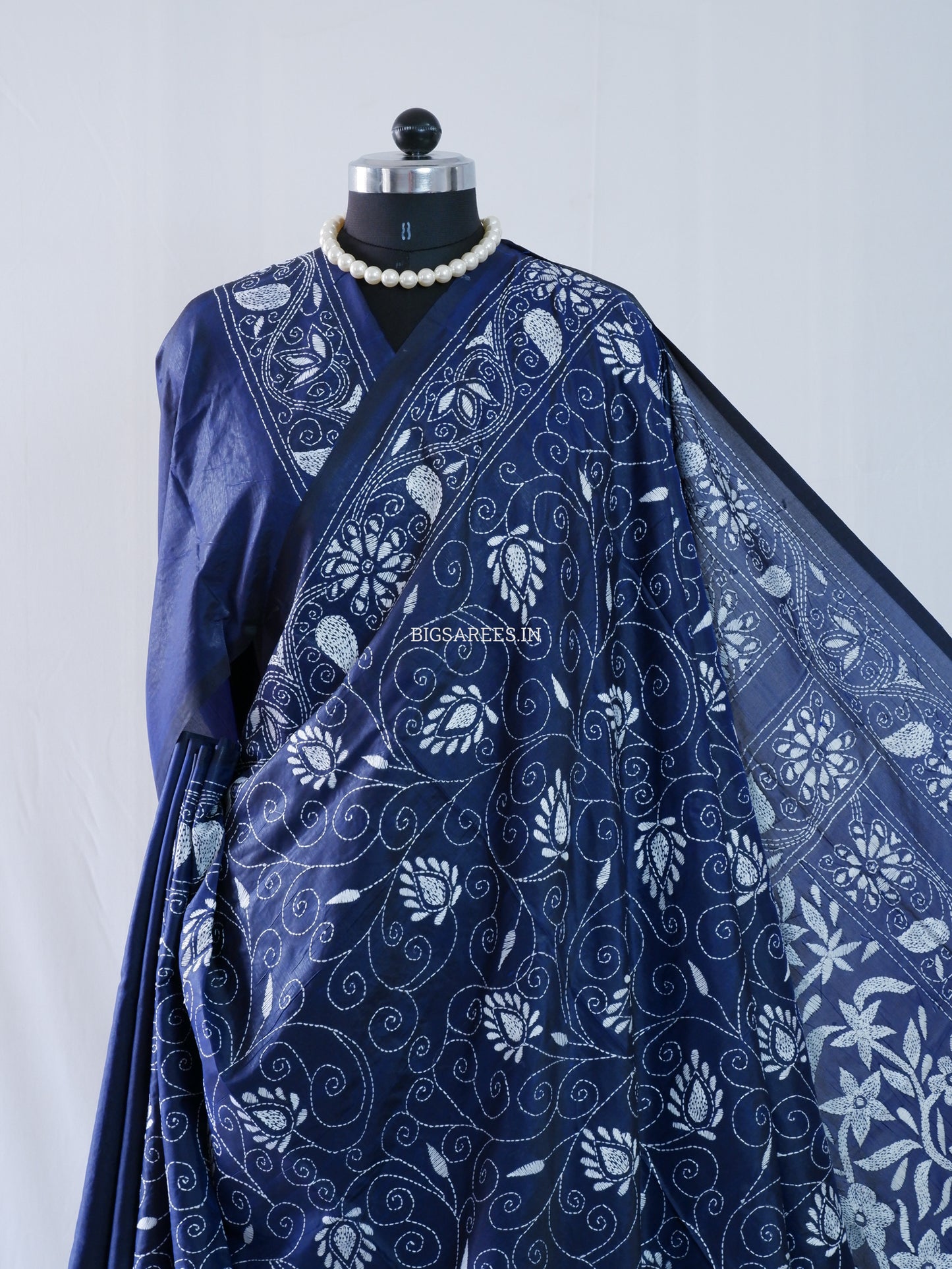 Kantha Stitch Hand Embroidered Saree | Blended Bangalore Silk / Art Silk | Navy Blue