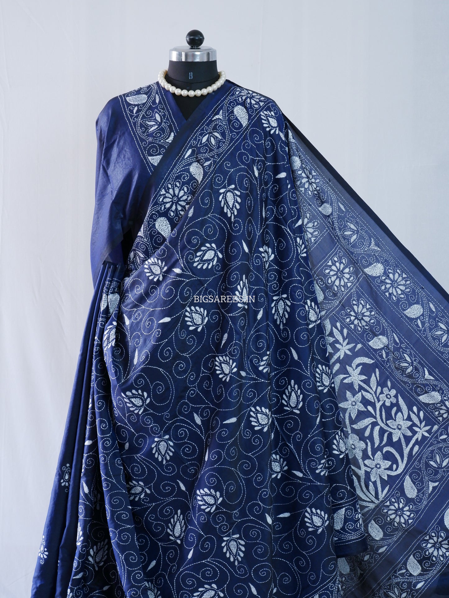 Kantha Stitch Hand Embroidered Saree | Blended Bangalore Silk / Art Silk | Navy Blue